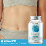 Health & Her primer plano de la etiqueta indicando 50bn CFU y ingredientes clave para confianza