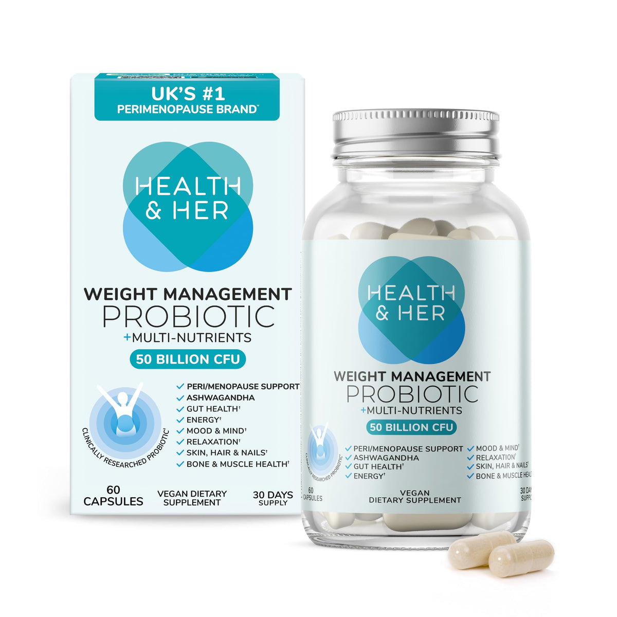 Health & Her imagen frontal del envase mostrando diseño y cantidad 60 ct beneficiando claridad