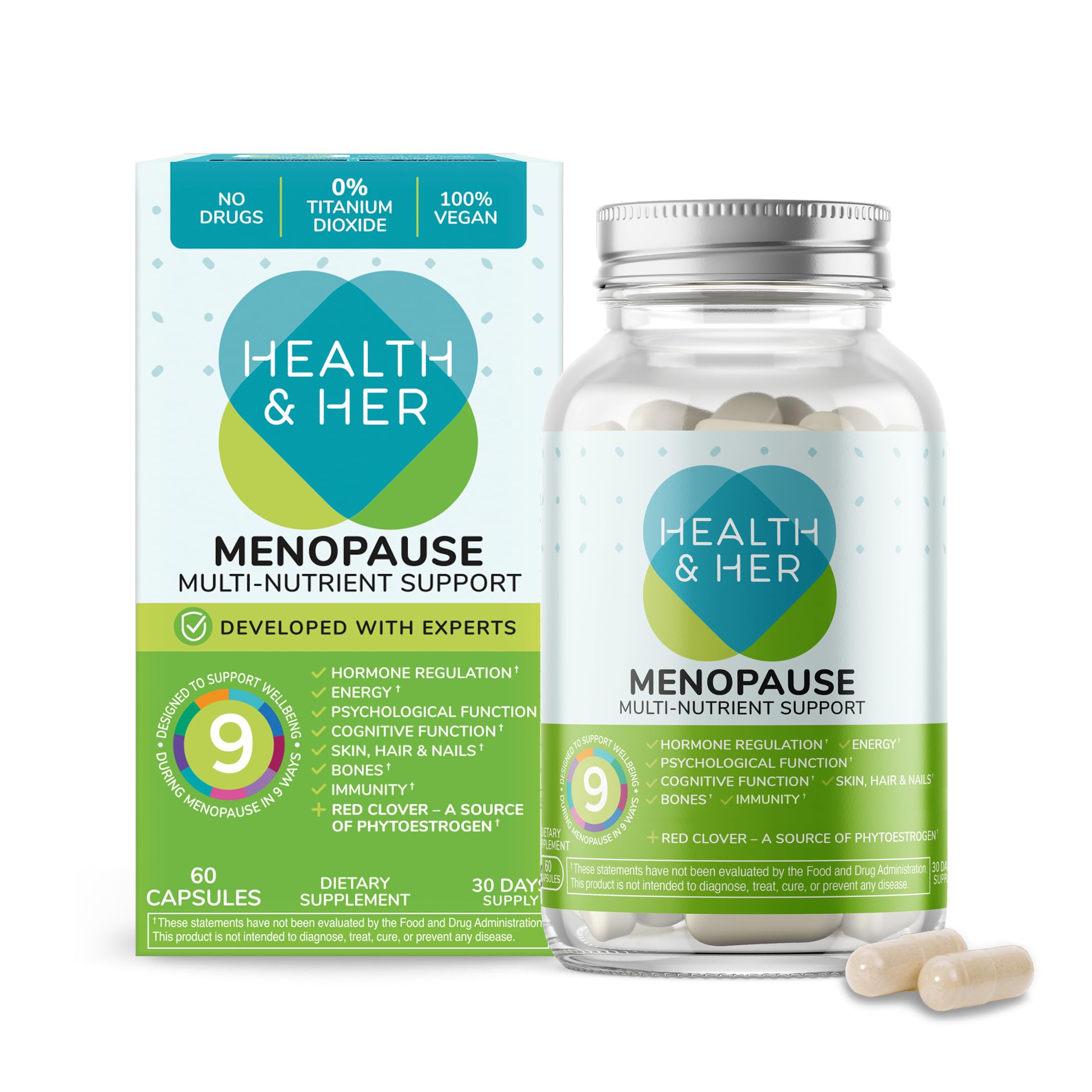 Health & Her frente del envase mostrando el diseño y beneficios visibles