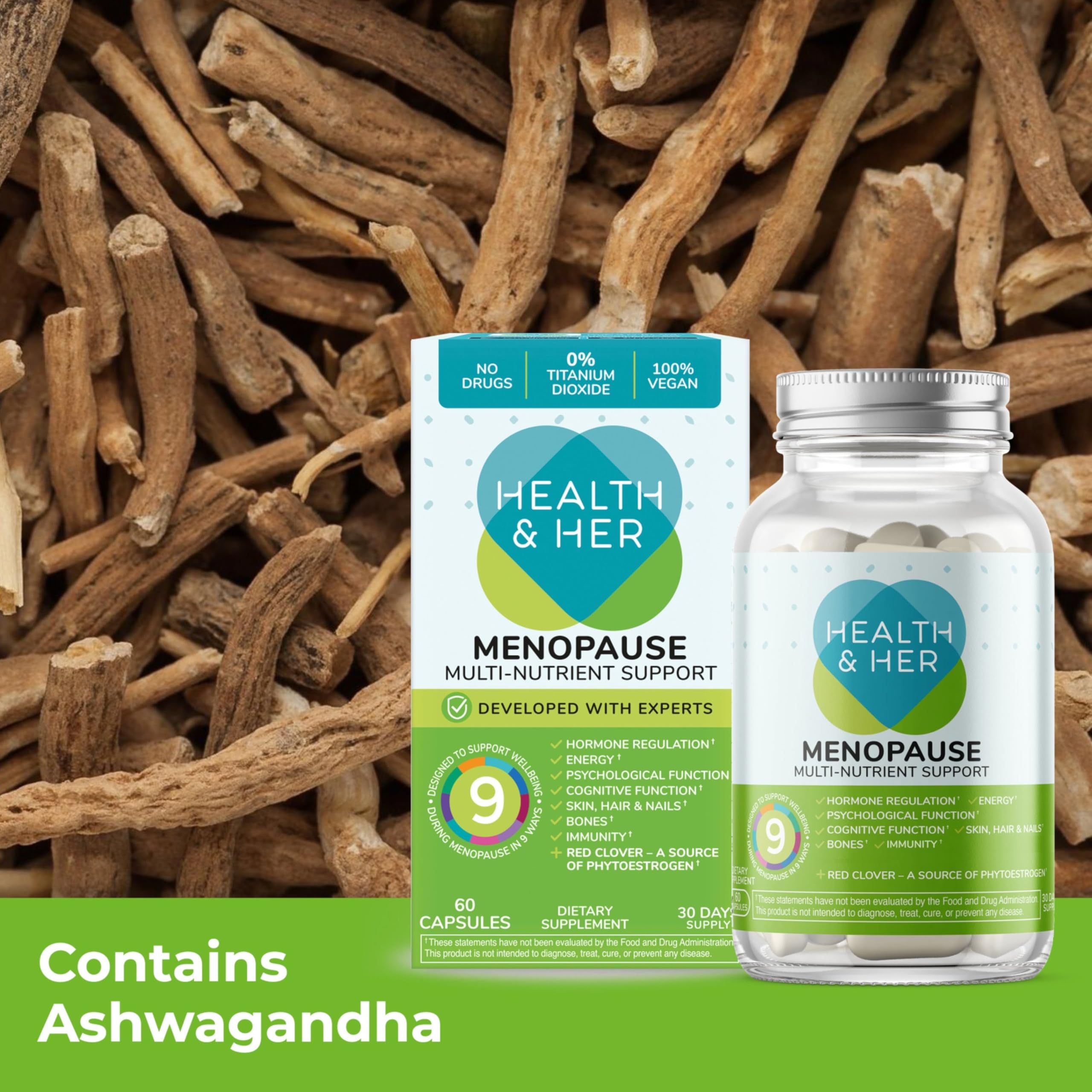 Health & Her etiqueta con listado de ingredientes clave y transparencias