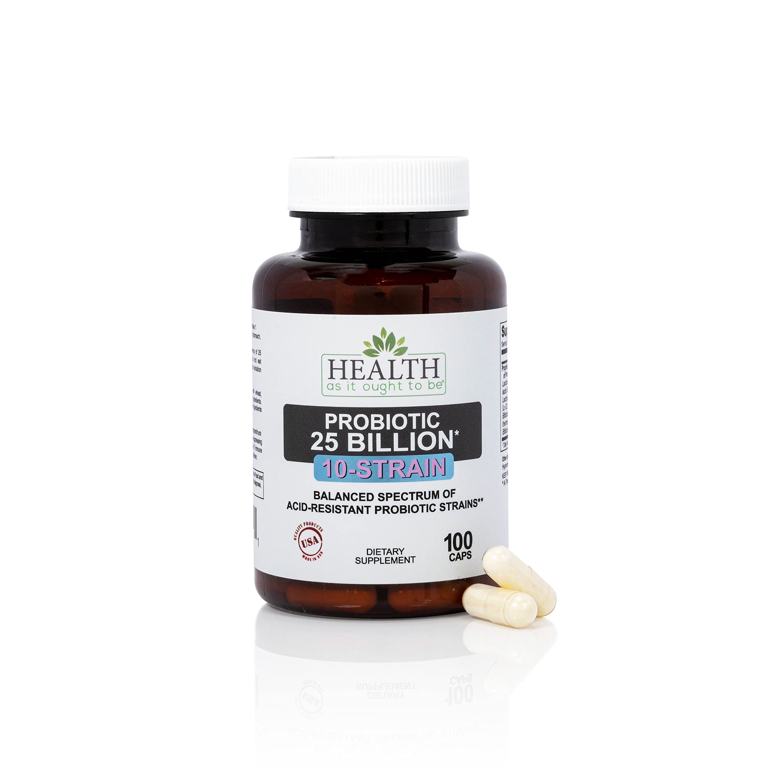 Health As It Ought To Be vista frontal del envase mostrando dosis y cepas