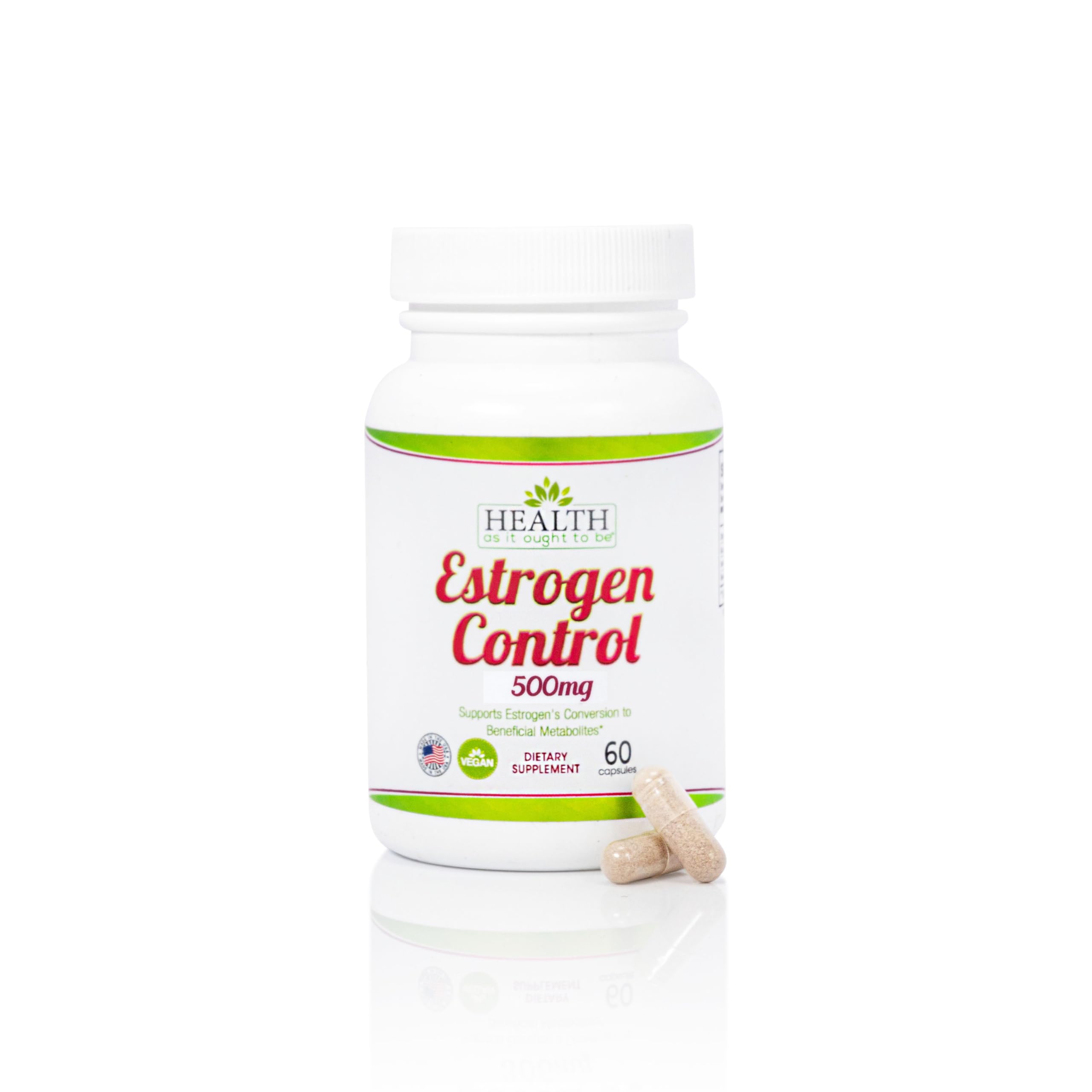 Health As It Ought To Be botella frontal Estrogen Control mostrando etiqueta y beneficios