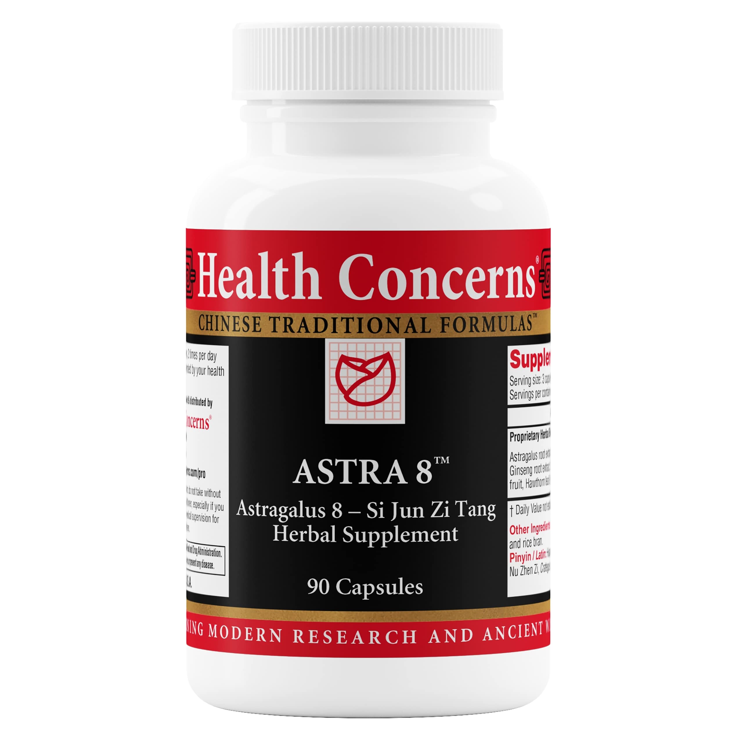 Health Concerns Astra 8 vista frontal del frasco con cápsulas y diseño claro