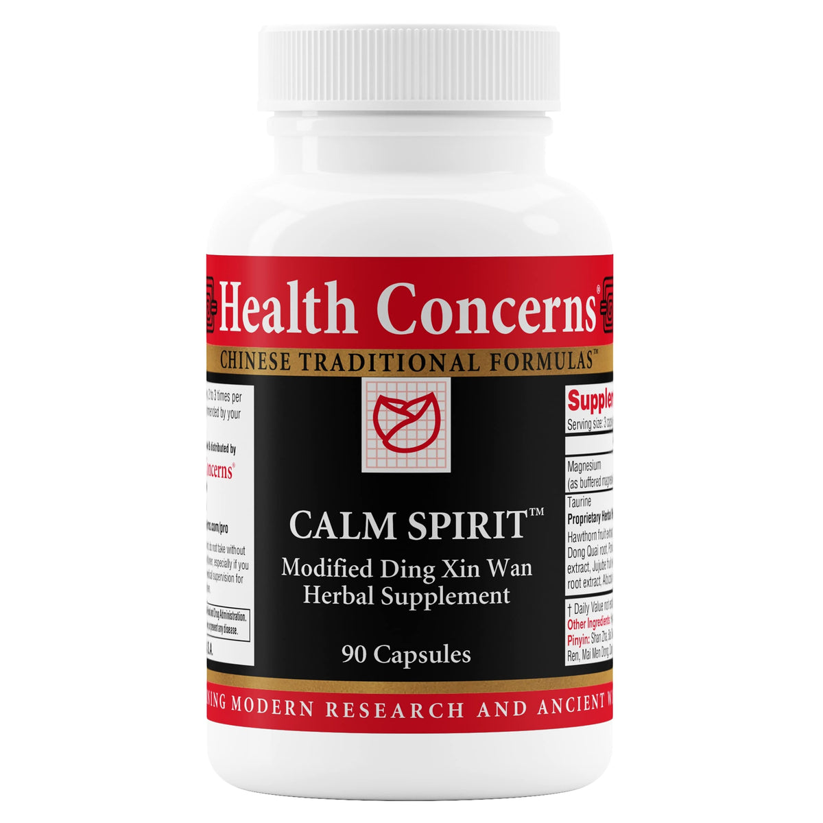 Health Concerns Calm Spirit vista frontal del envase, transmite confianza
