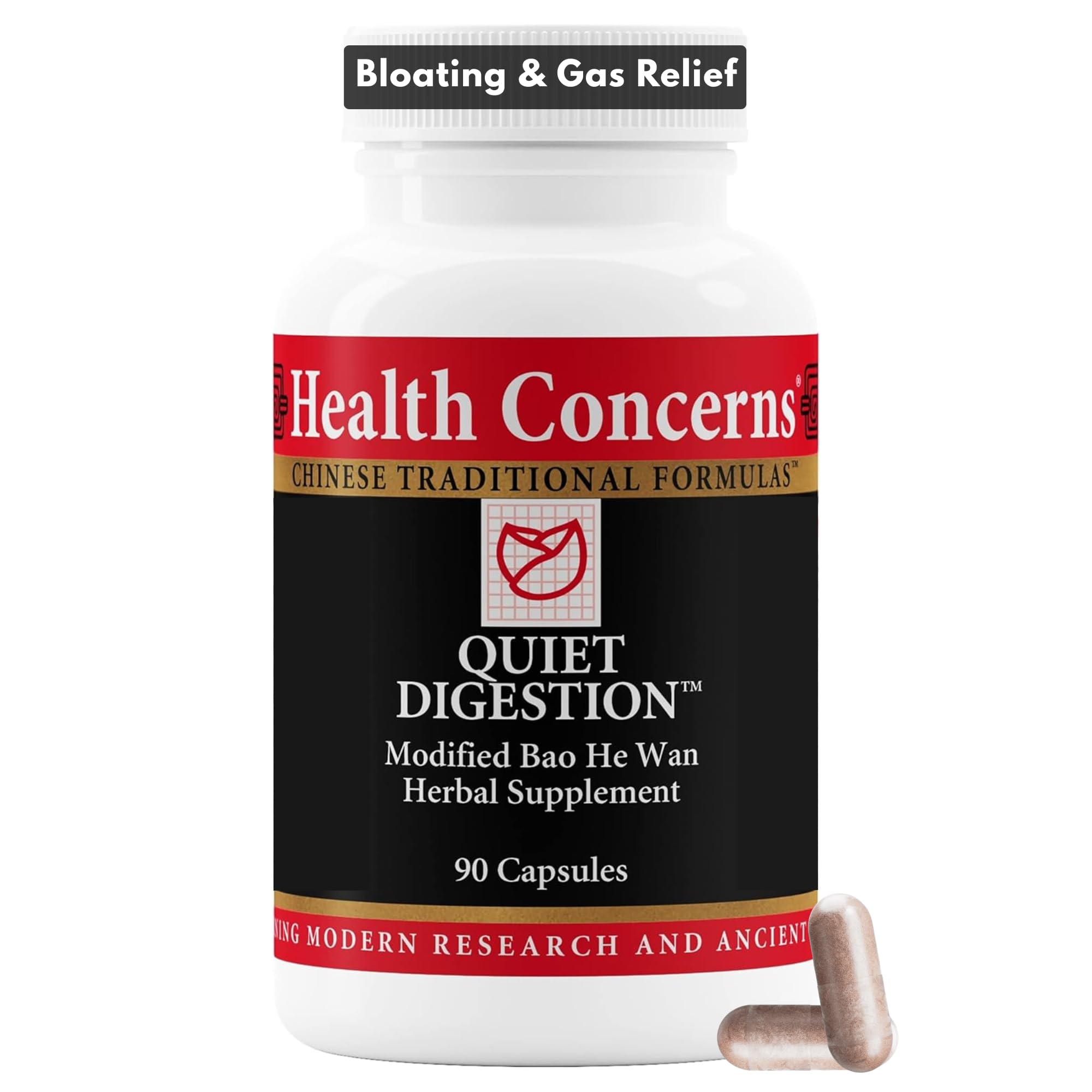Health Concerns frasco Quiet Digestion frente mostrando 90 cápsulas, apoyo digestivo