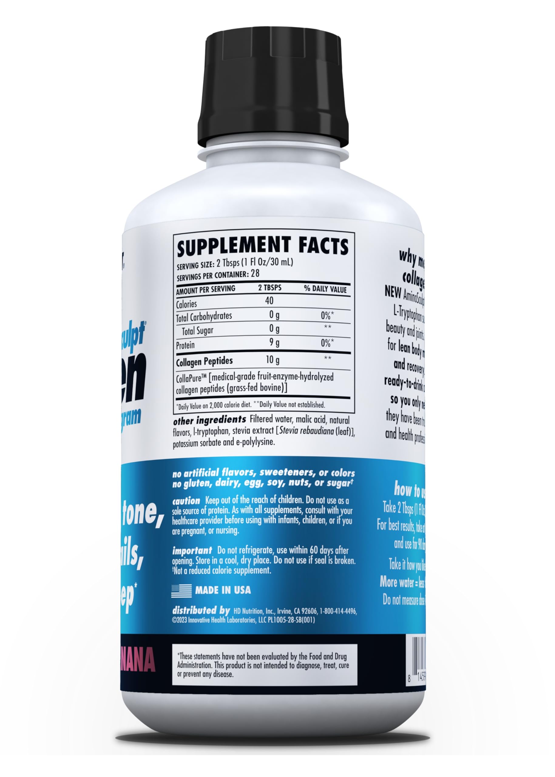 HEALTH DIRECT botella AminoSculpt junto a teléfono para comparar tamaño y porciones