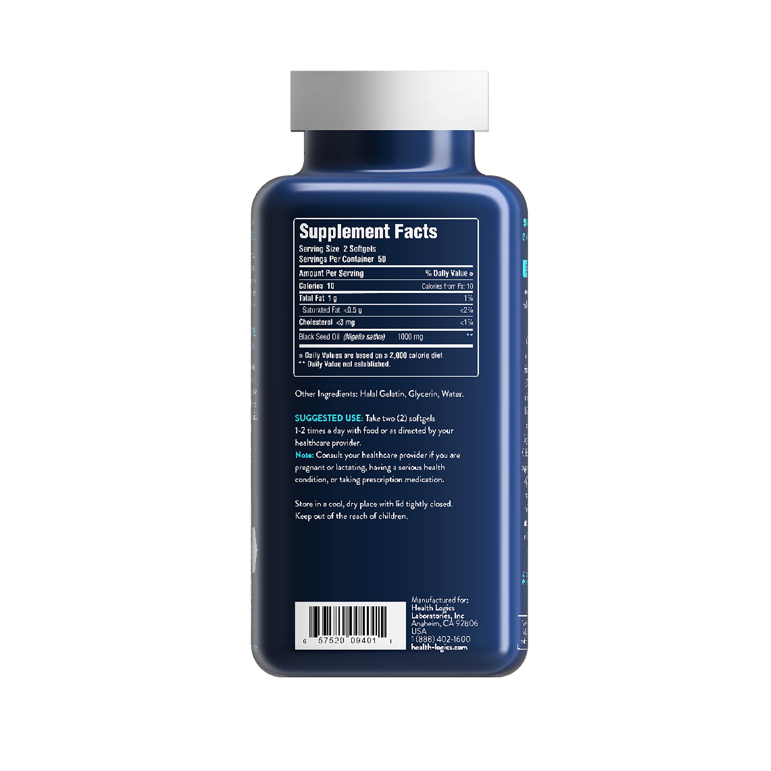 Health Logics primer plano de aceite de semilla negra resaltando pureza