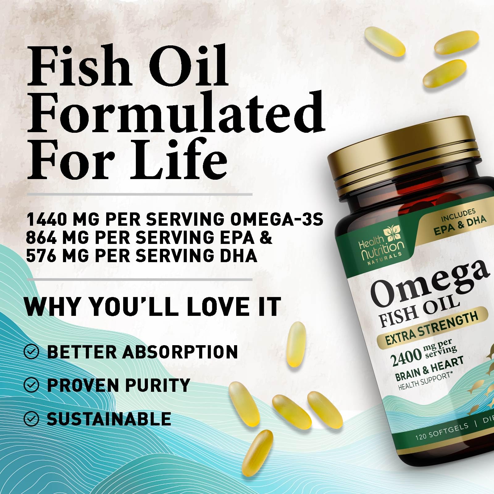 Health Nutrition Naturals bote abierto con softgels ilustrando cantidad