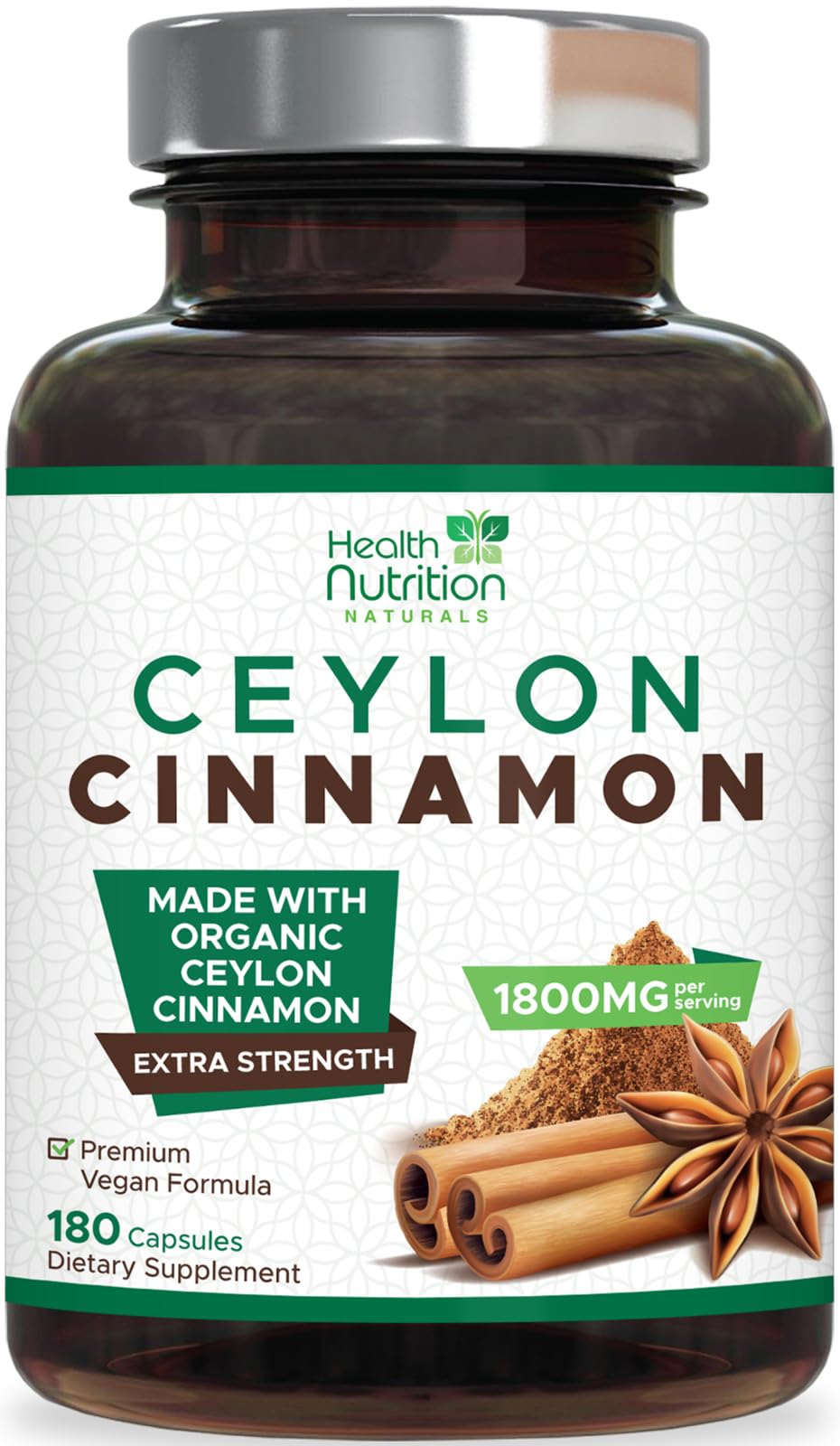 Health Nutrition Naturals botella frontal de Ceylon Cinnamon para apoyo diario