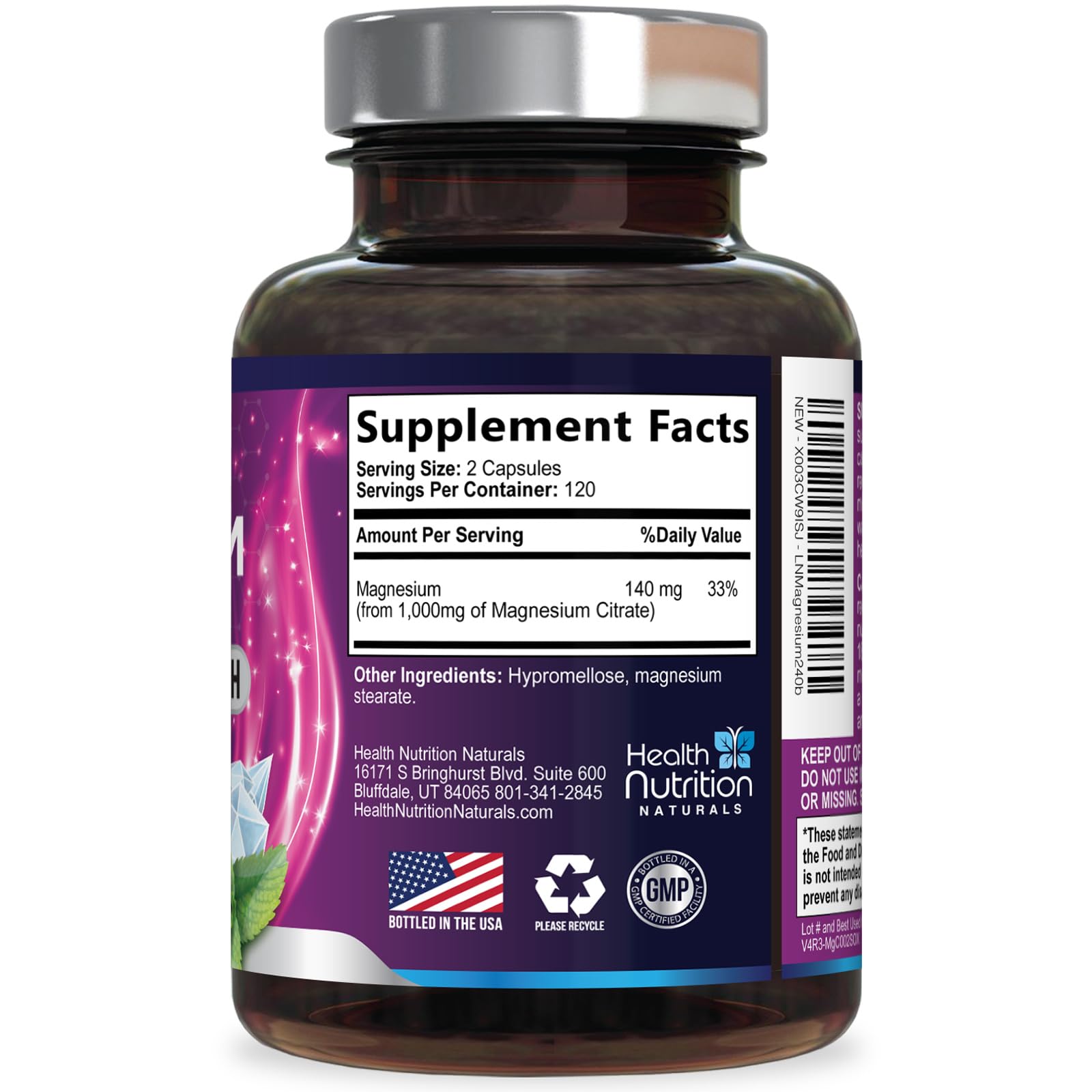 Health Nutrition Naturals empaque lateral con lista de características principales