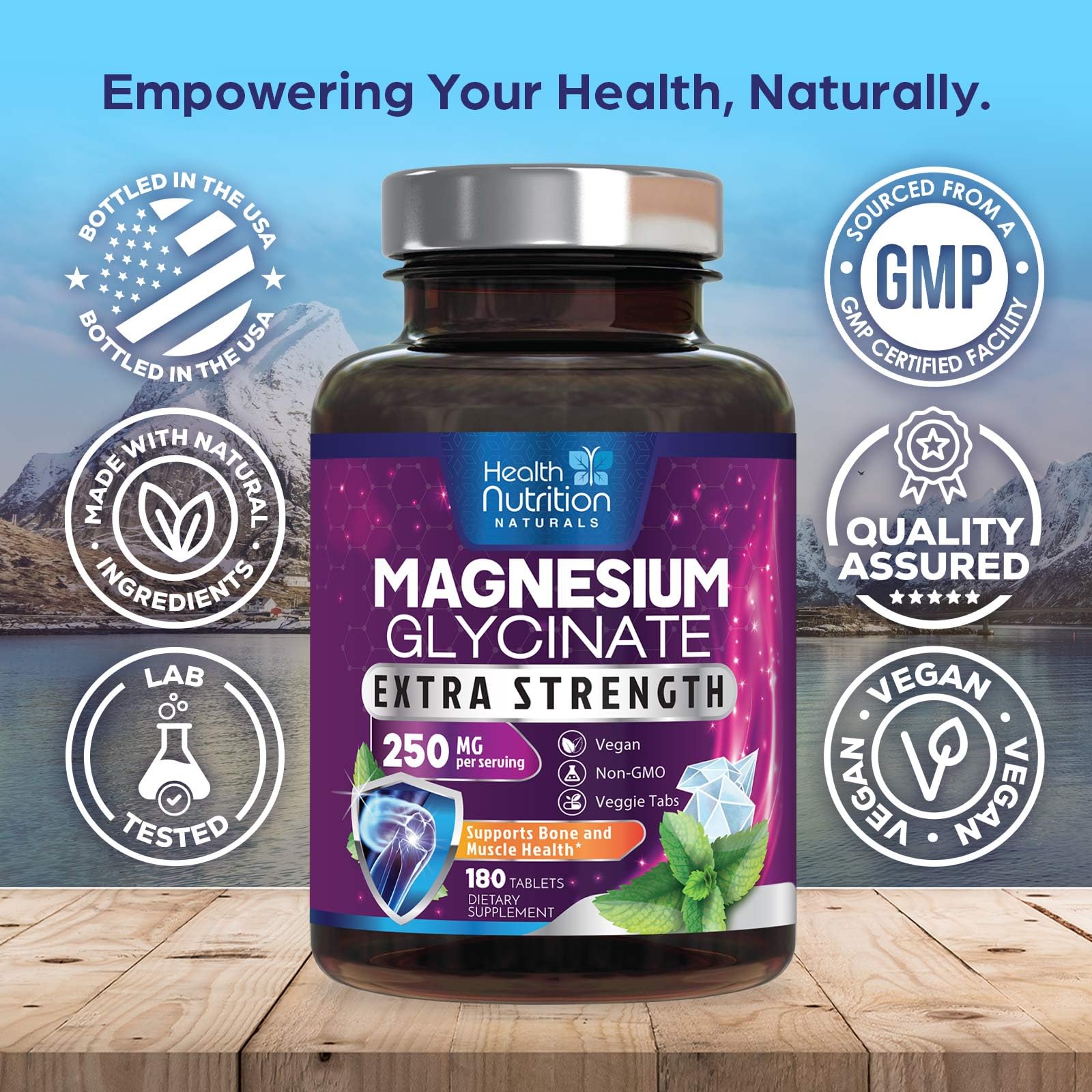 Health Nutrition Naturals etiqueta nutricional destacando 250 mg por porción y pureza