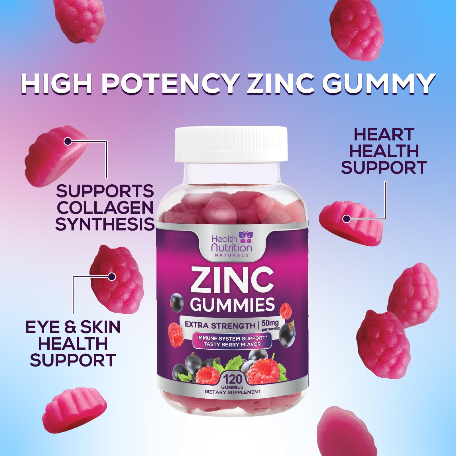 Health Nutrition Naturals frasco abierto con 120 gomitas para suministro prolongado