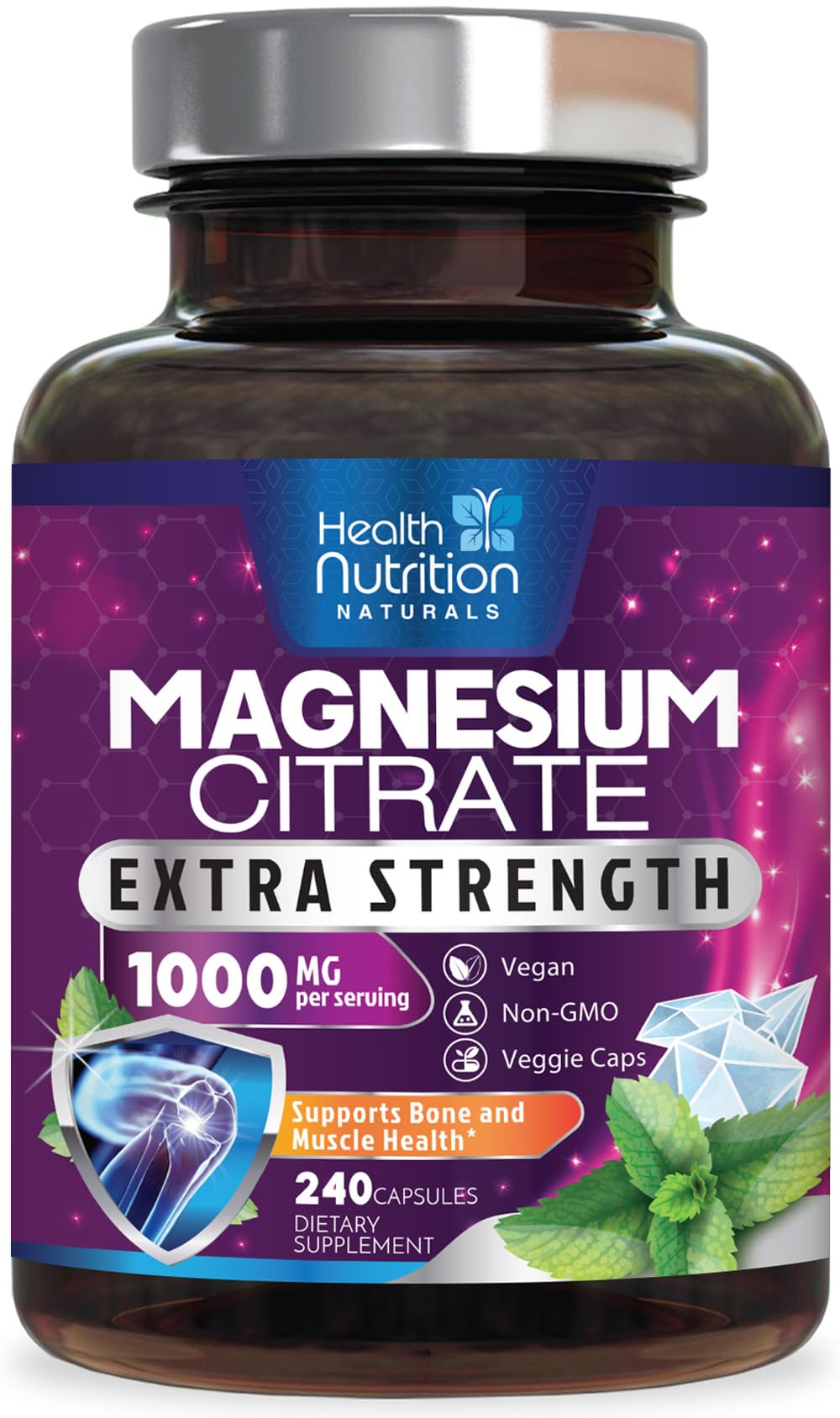 Health Nutrition Naturals frasco delantero mostrando etiqueta y beneficio absorción