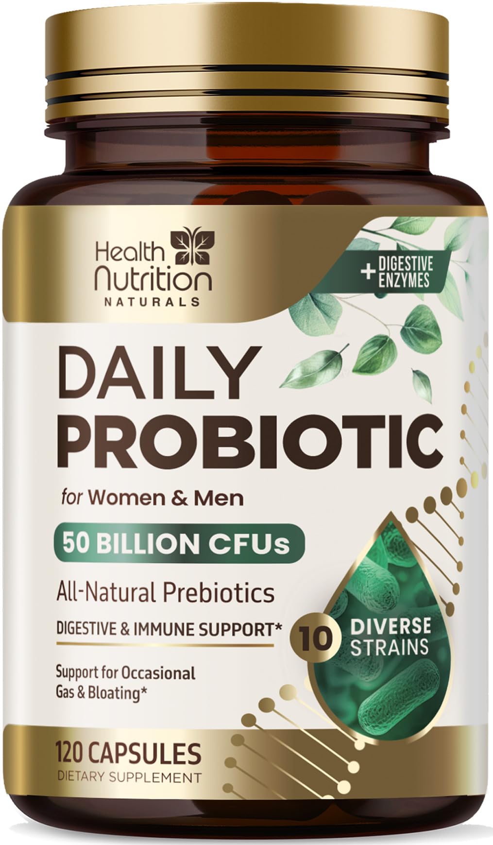 Health Nutrition Naturals frasco frontal mostrando 120 cápsulas y beneficio digestivo