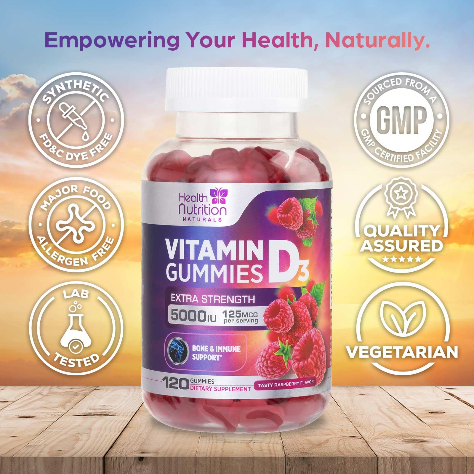 Health Nutrition Naturals gomitas dentro de botella mostrando cantidad y formato