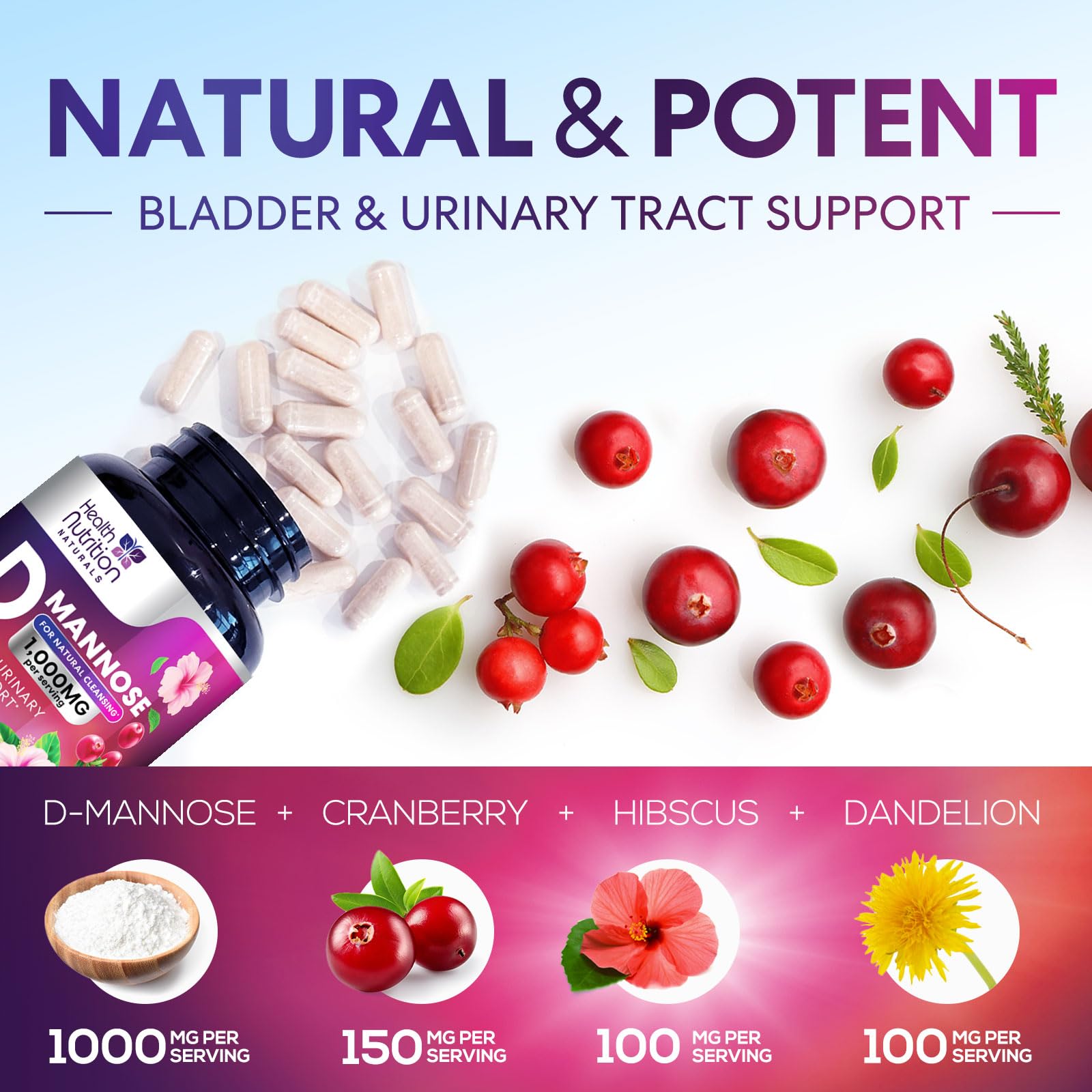 Health Nutrition Naturals arándano e hibisco representando ingredientes naturales