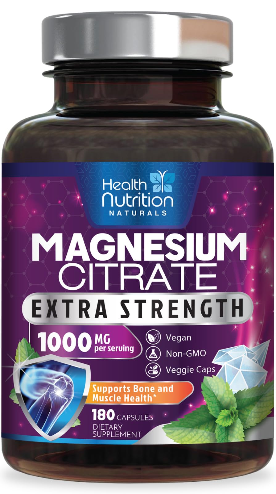 Health Nutrition Naturals frasco frontal del magnesio citrato, presentación clara y segura
