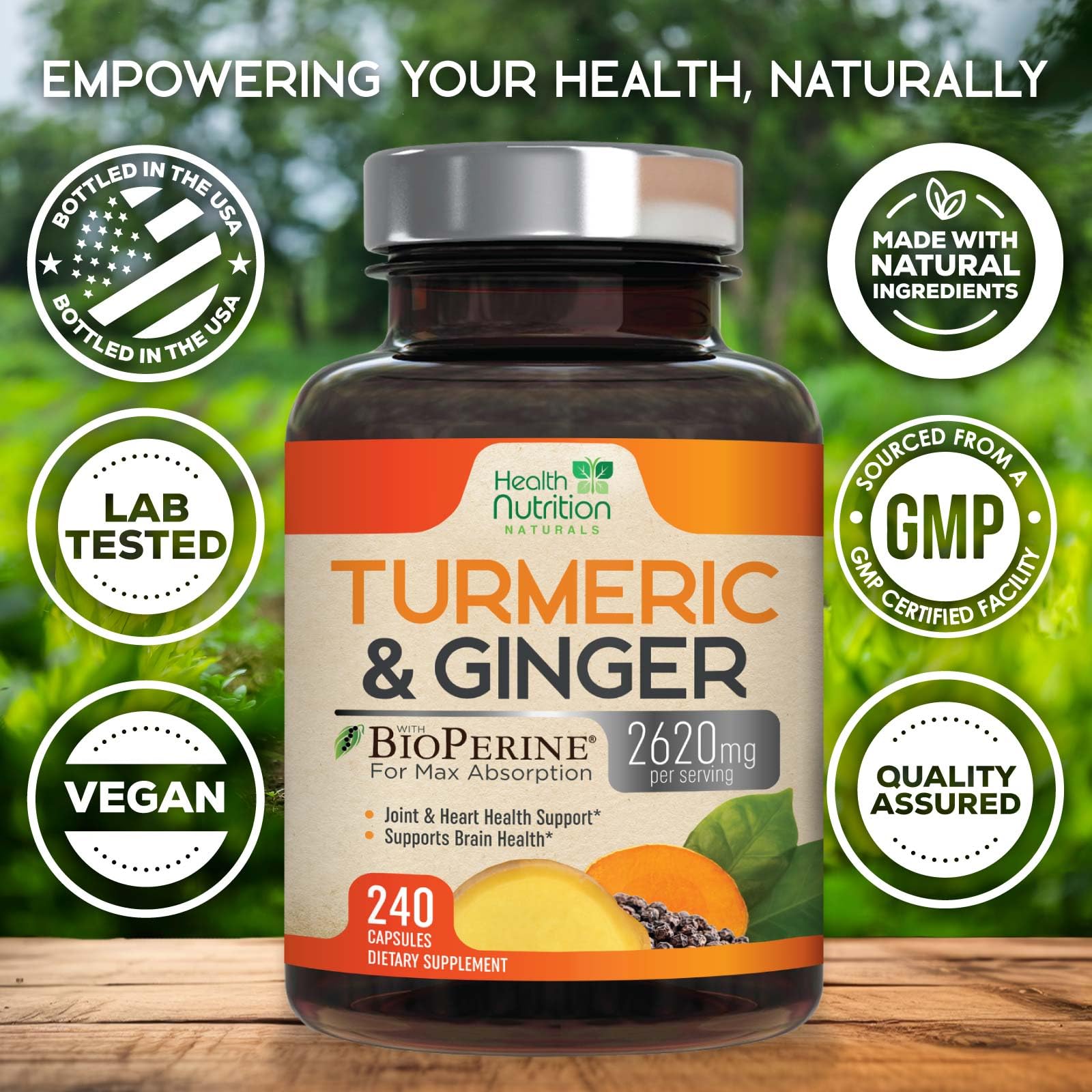 Health Nutrition Naturals cúrcuma y jengibre naturales mostrando ingredientes activos