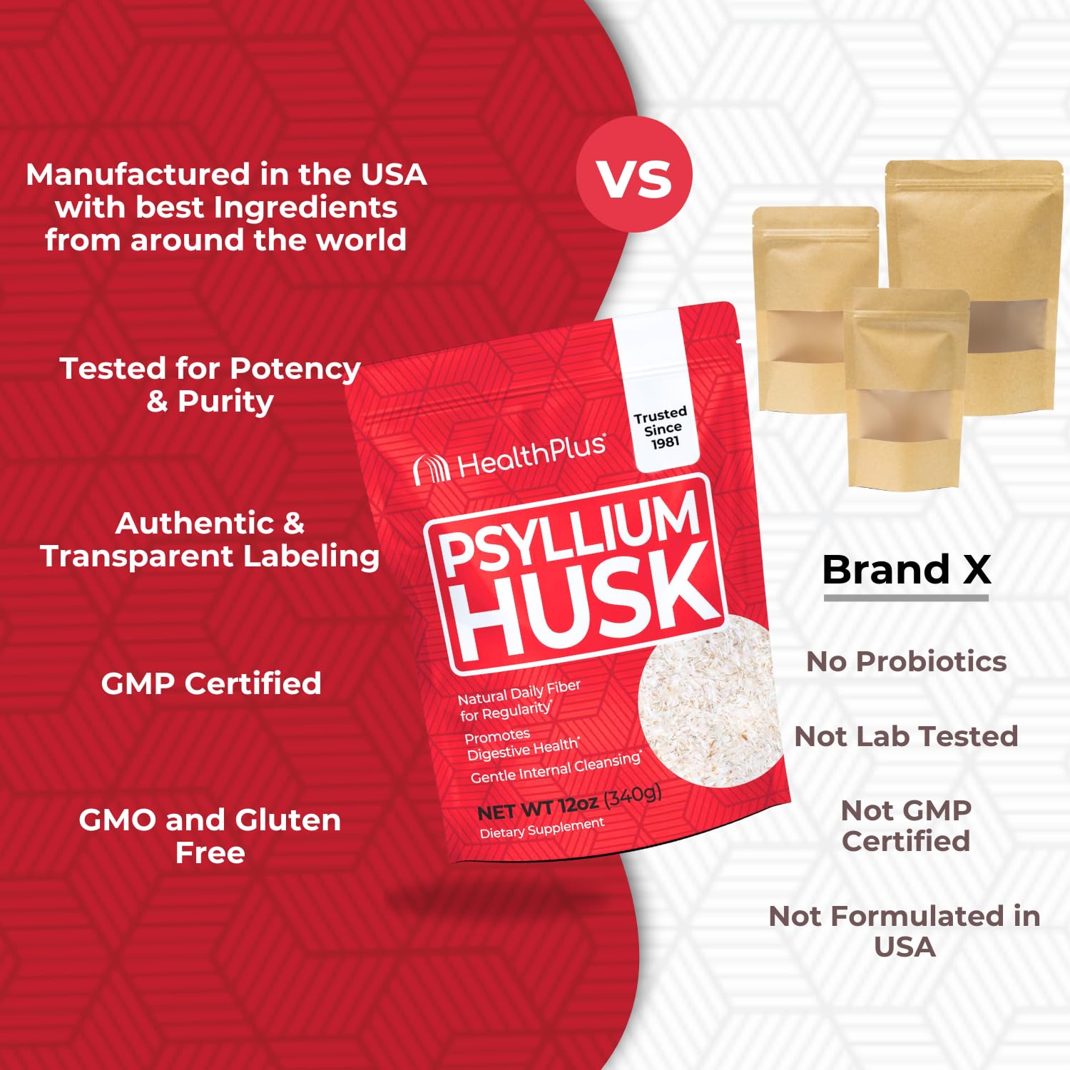 Health Plus comparación de tamaño en mano para visualizar 12 oz