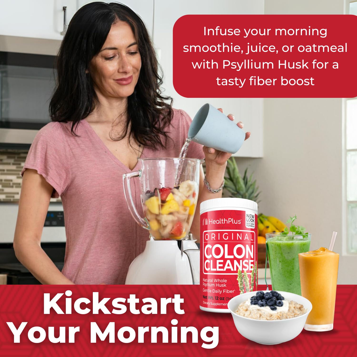 Health Plus producto en cocina junto a frutas para uso cotidiano