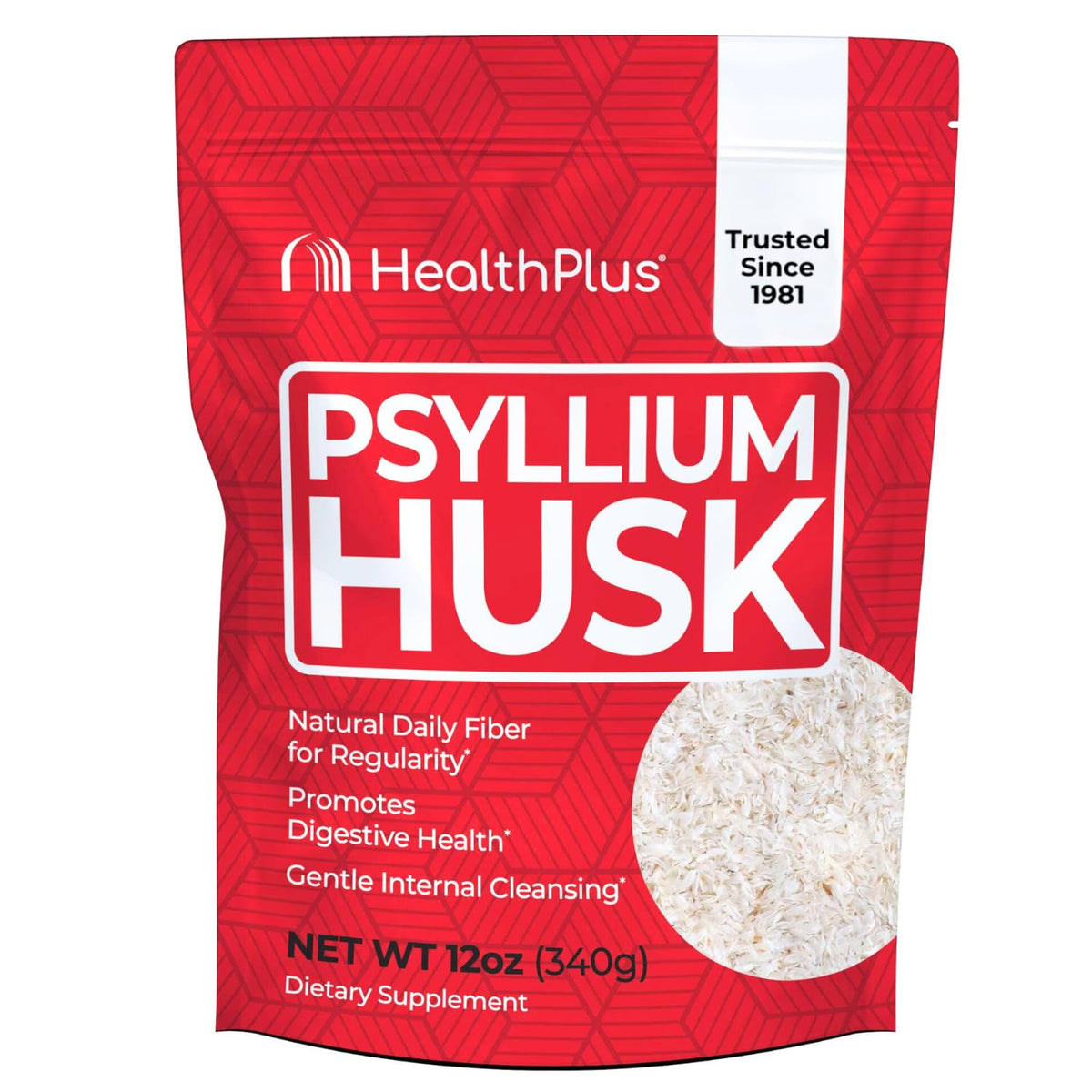 Health Plus frente del empaque mostrando 12 oz y beneficio de fibra