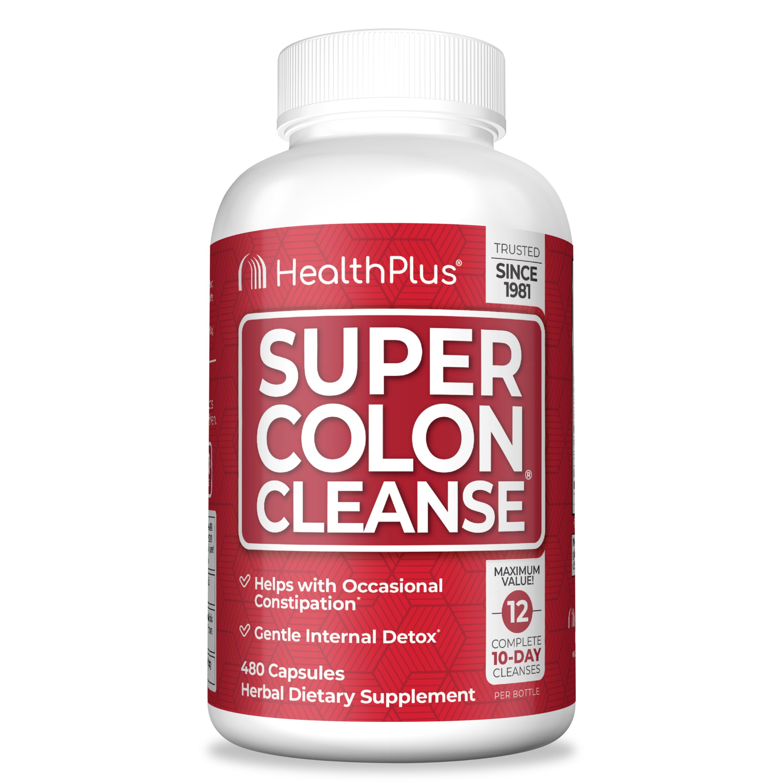 Health Plus frontal del envase mostrando 480 cápsulas y beneficios