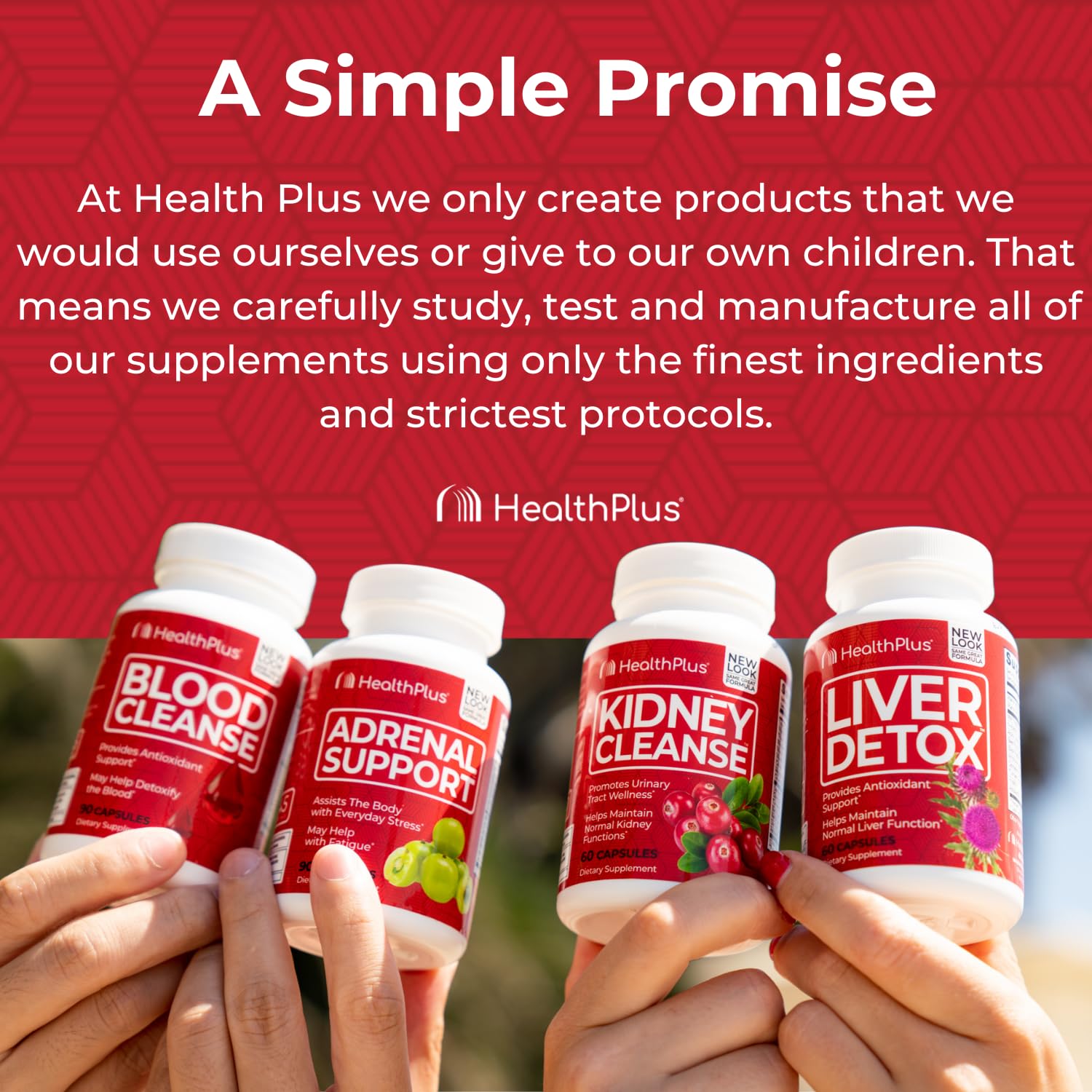 Health Plus frasco en cocina con alimentos saludables promoviendo bienestar