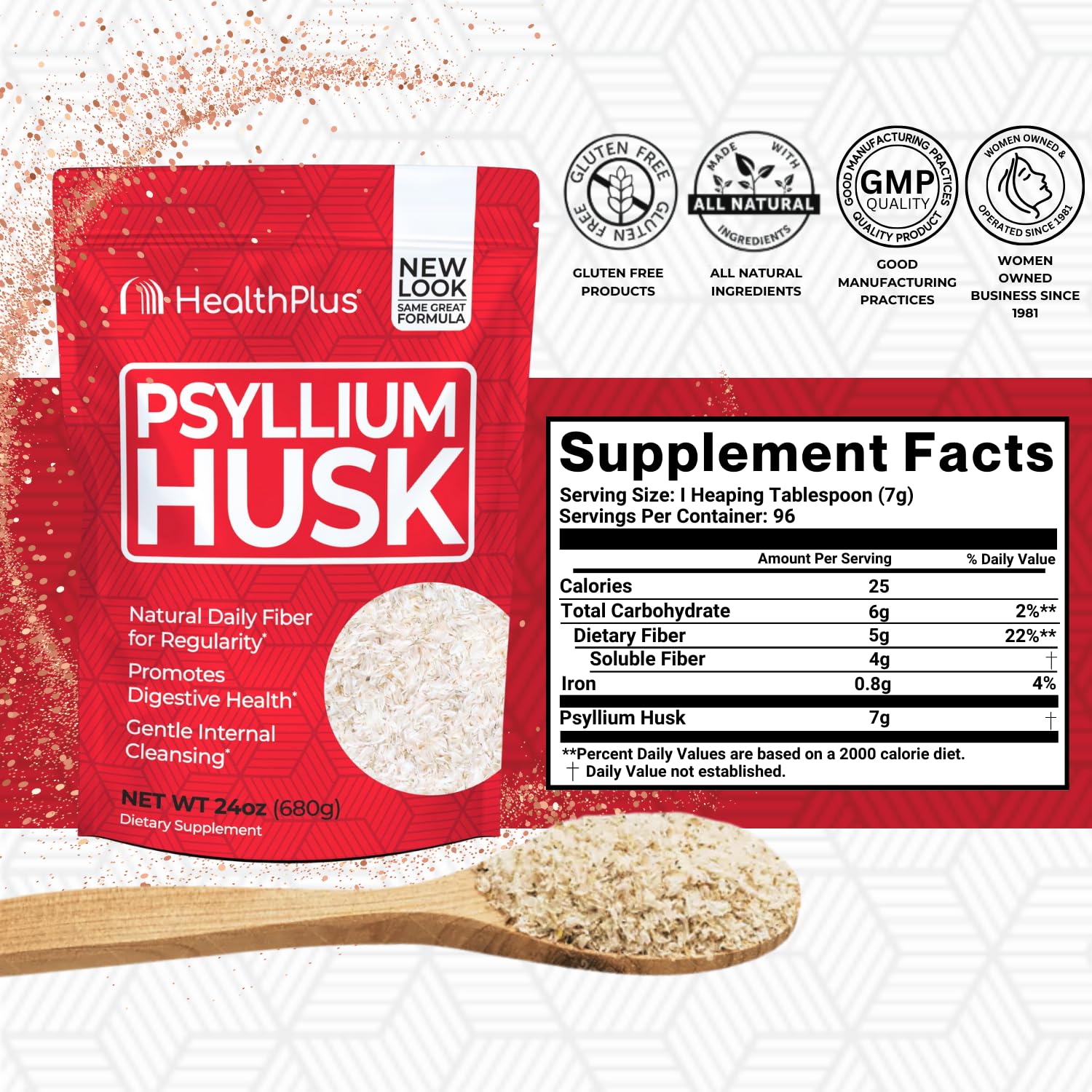 Health Plus polvo de psyllium en primer plano, beneficio textura suave