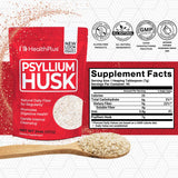 Health Plus polvo de psyllium en primer plano, beneficio textura suave