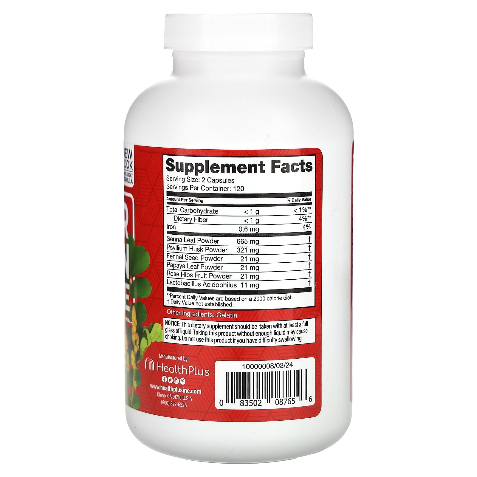Health Plus cápsulas 530 mg en primer plano, detalle de textura y tamaño