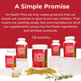 Health Plus suplemento en mesa con frutas y vaso de agua mostrando estilo de vida saludable