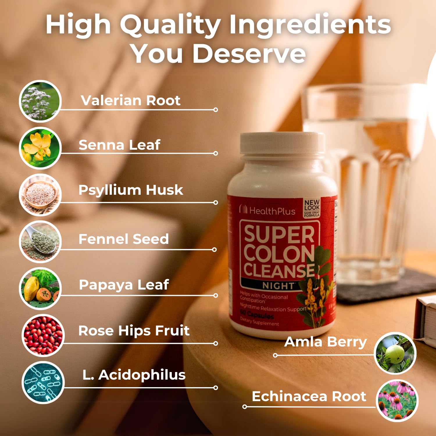 Health Plus ingredientes naturales psyllium y senna mostrando origen herbal