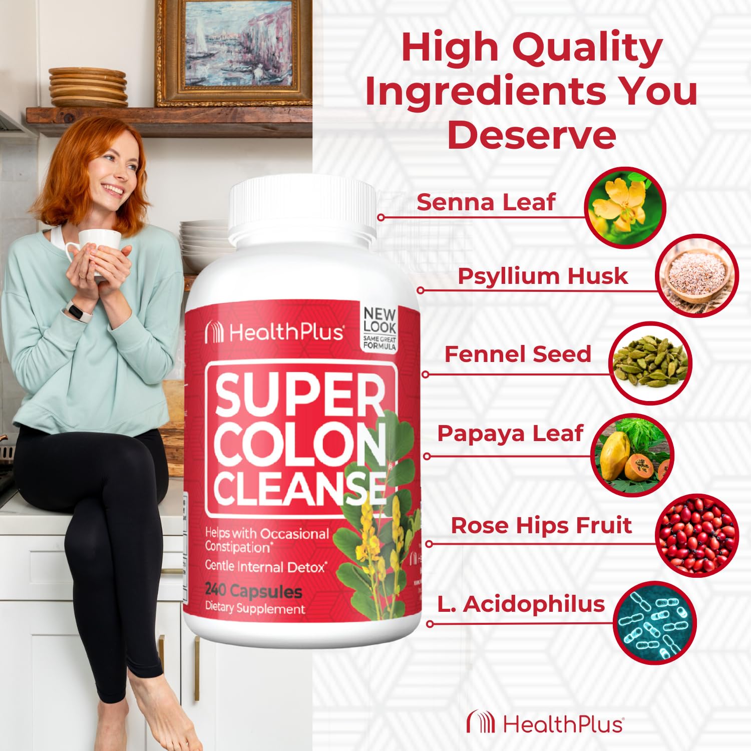 Health Plus cápsulas junto a regla para comparar tamaño y facilidad de toma