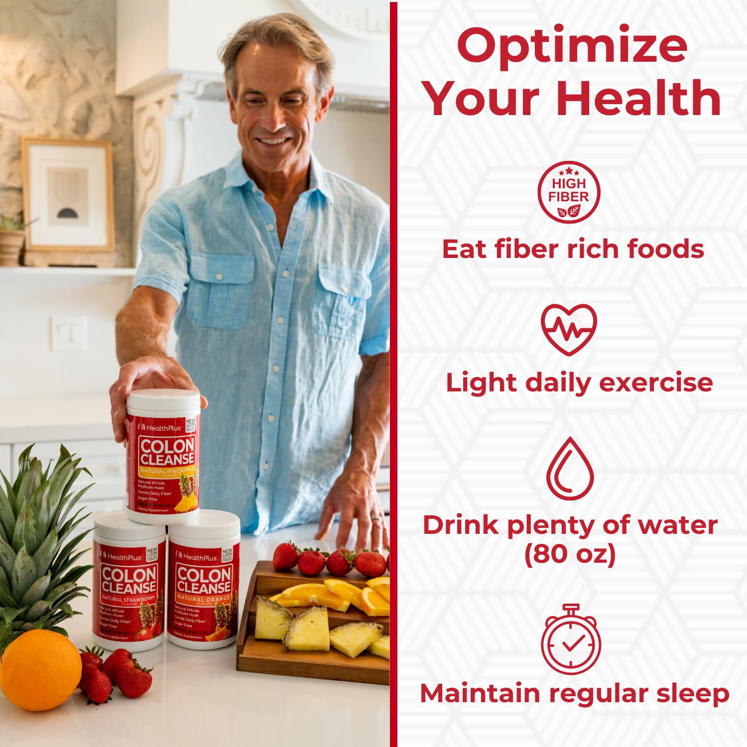 Health Plus polvo añadido a un batido de frutas para ilustrar mezcla en bebidas favoritas