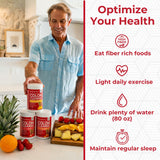Health Plus polvo añadido a un batido de frutas para ilustrar mezcla en bebidas favoritas