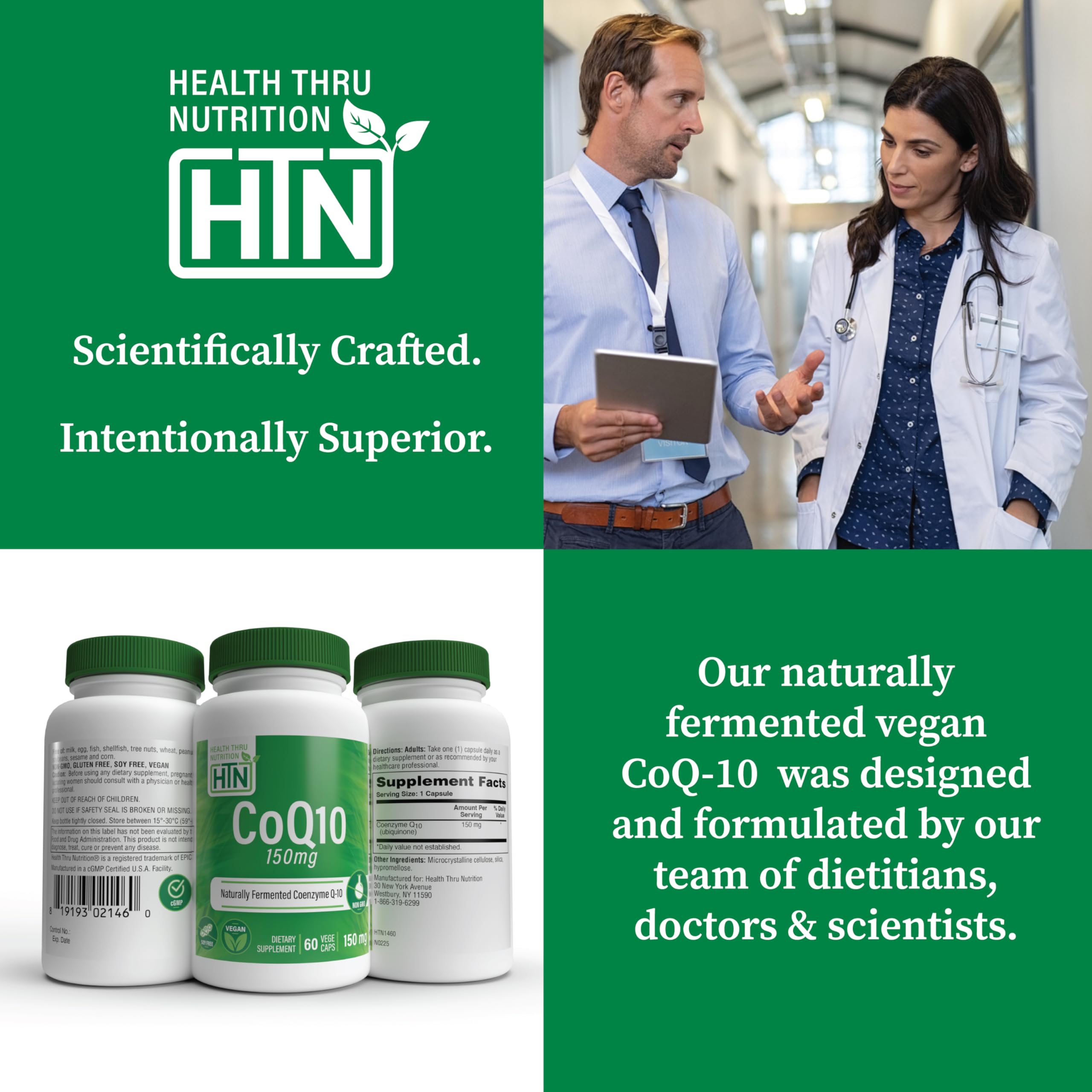 Health Thru Nutrition etiqueta con información de 150 mg y calidad cGMP