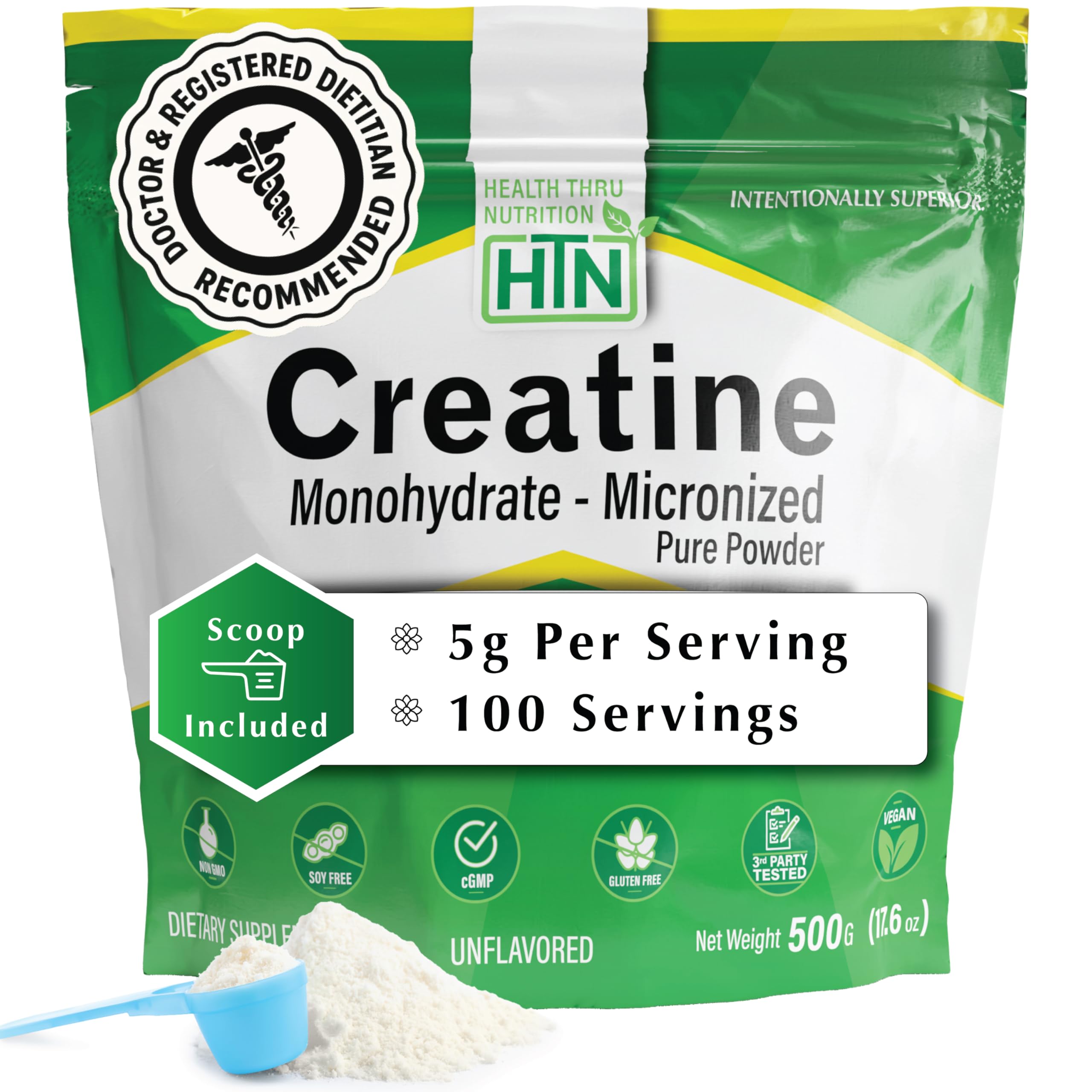 Health Thru Nutrition frasco frontal que muestra la creatina pura y beneficios de rendimiento