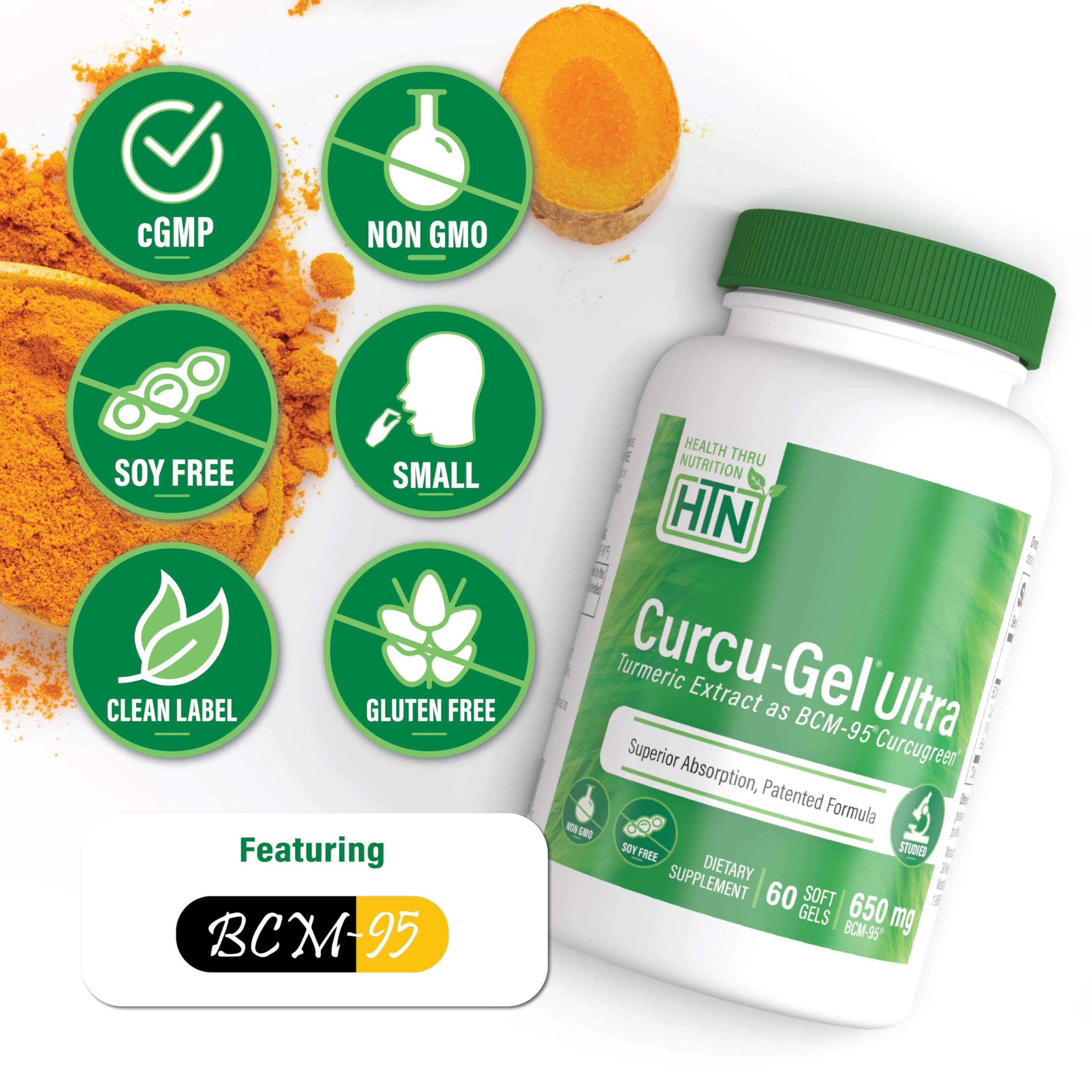 Health Thru Nutrition etiqueta Curcu-Gel con información BCM-95 y beneficio de formulación patentada