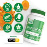 Health Thru Nutrition etiqueta Curcu-Gel con información BCM-95 y beneficio de formulación patentada