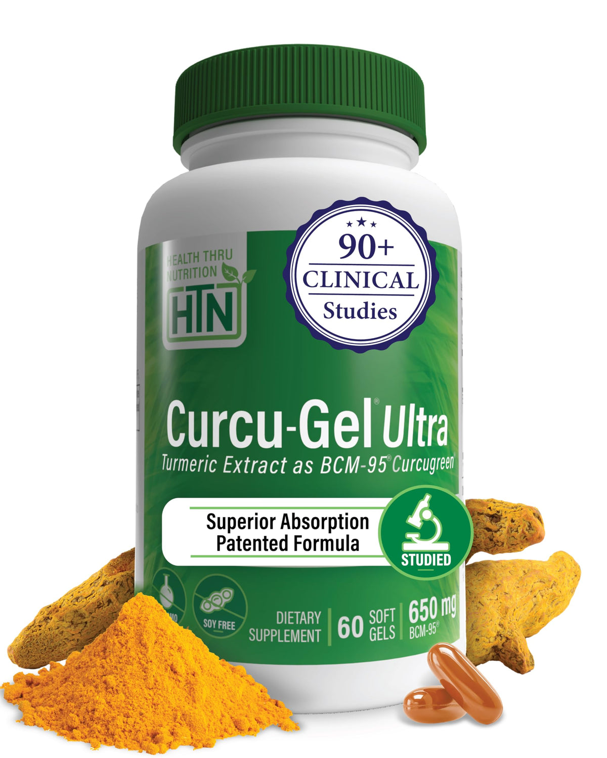 Health Thru Nutrition frasco Curcu-Gel frontal mostrando el envase y beneficio de alta absorción