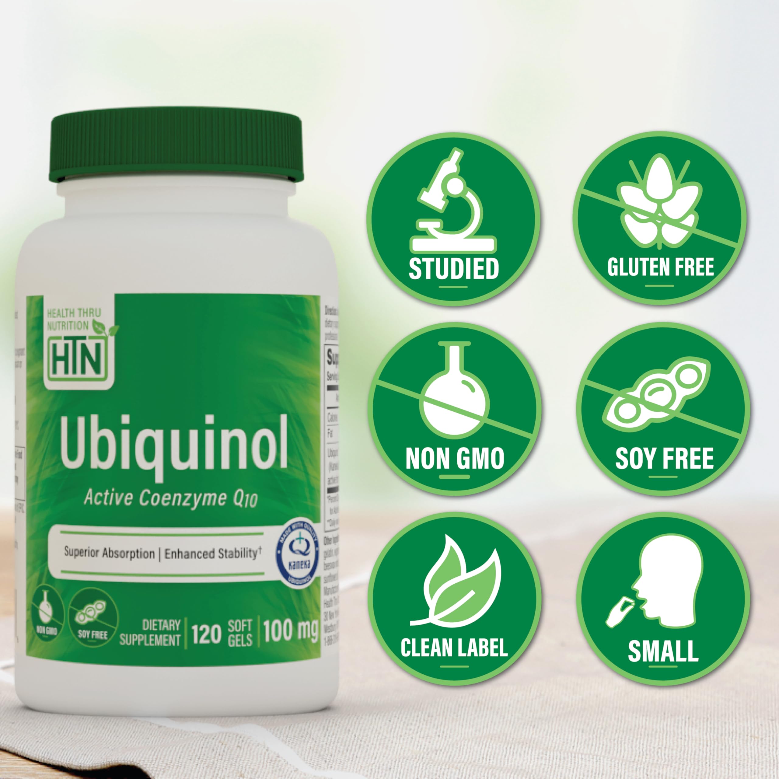 Health Thru Nutrition etiqueta que destaca Kaneka QH y seguridad del ingrediente