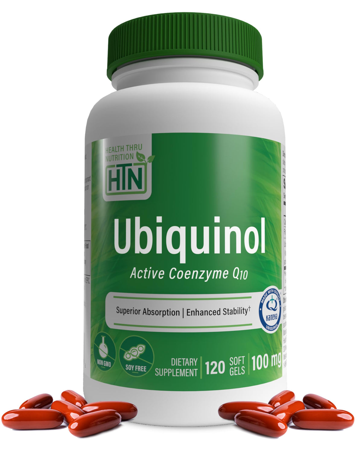 Health Thru Nutrition frasco delante de Ubiquinol mostrando etiqueta y beneficio claridad