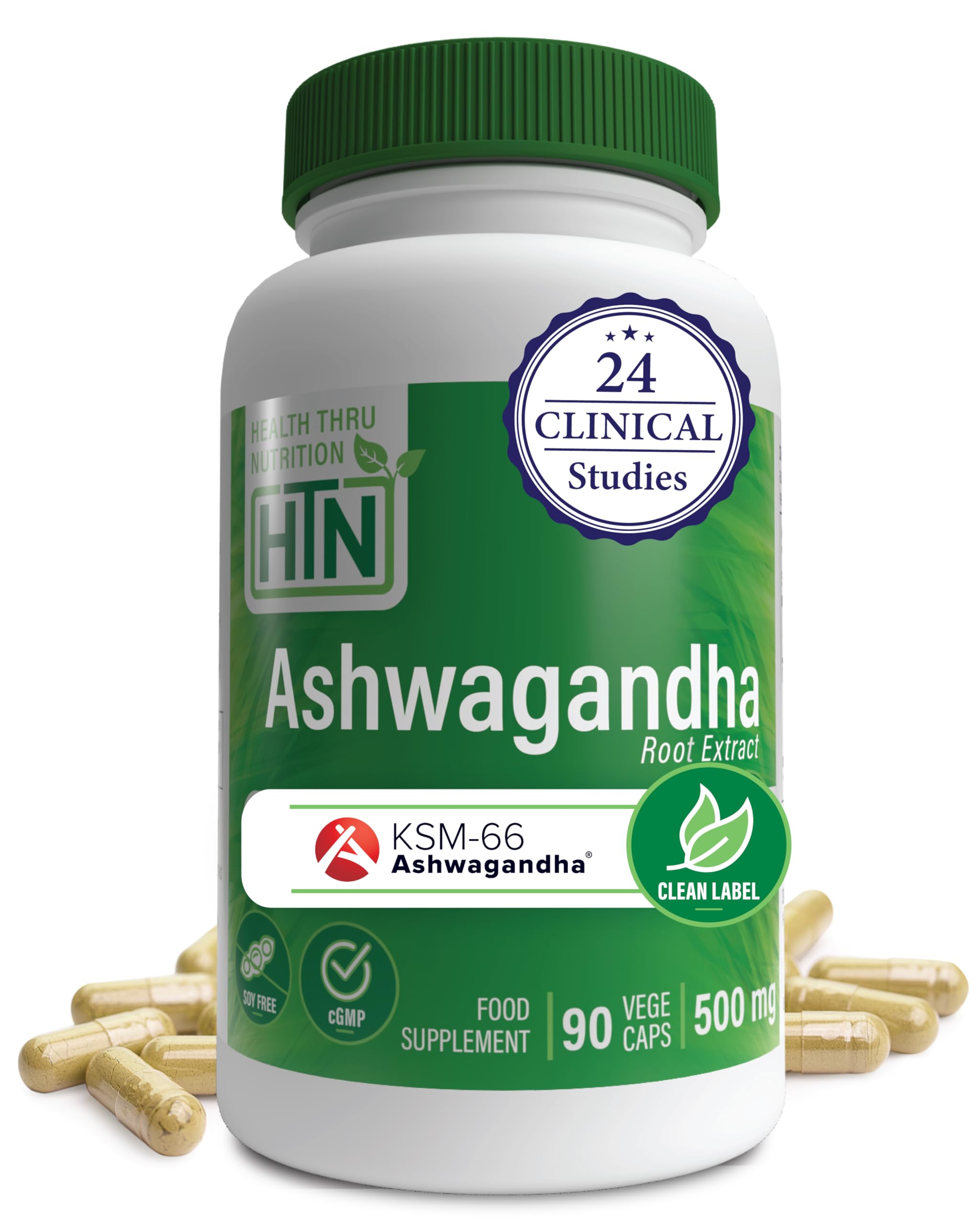 Health Thru Nutrition frontal del envase que muestra KSM‑66® y beneficios claros