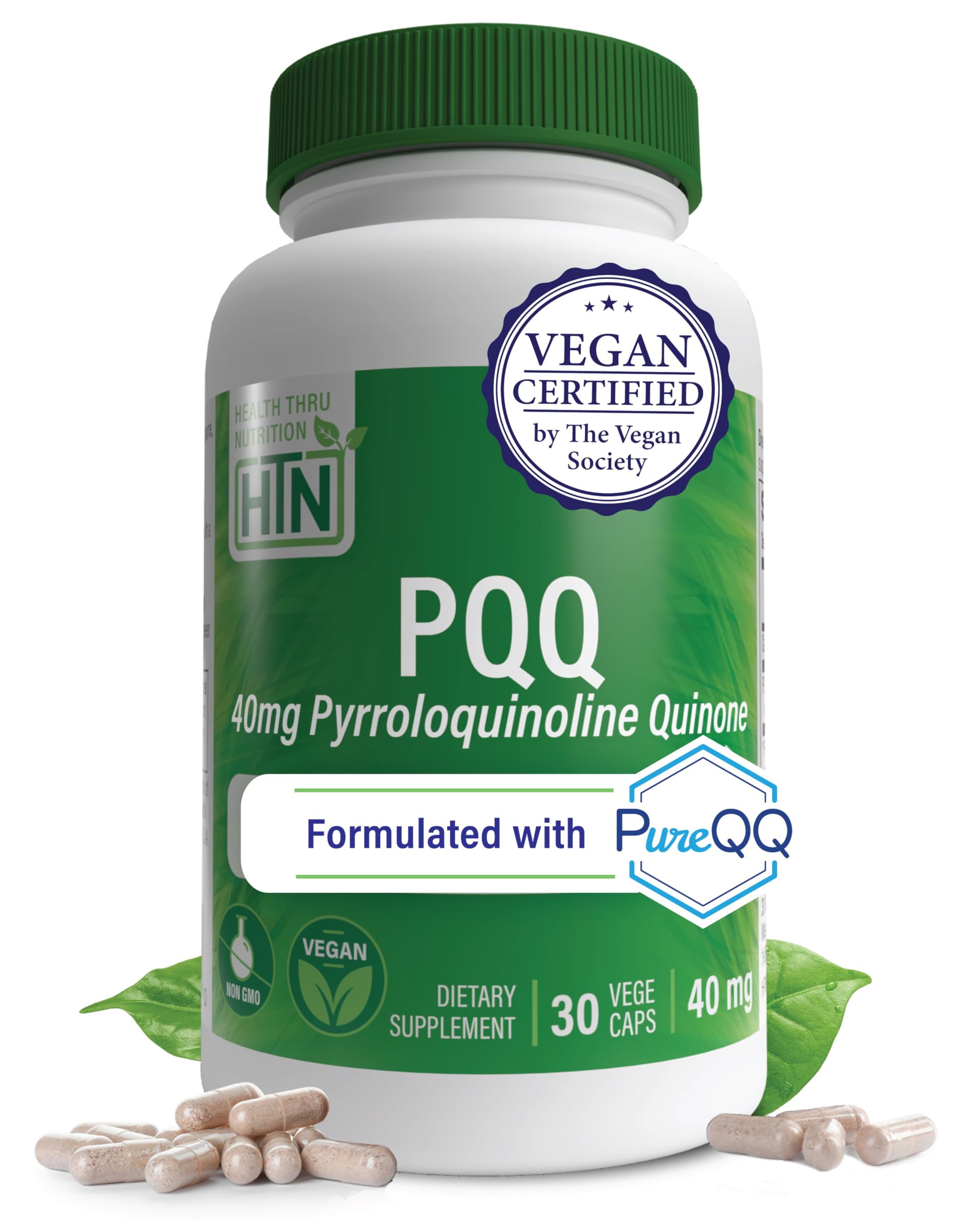 Health Thru Nutrition envase frontal mostrando PQQ 40 mg y beneficios