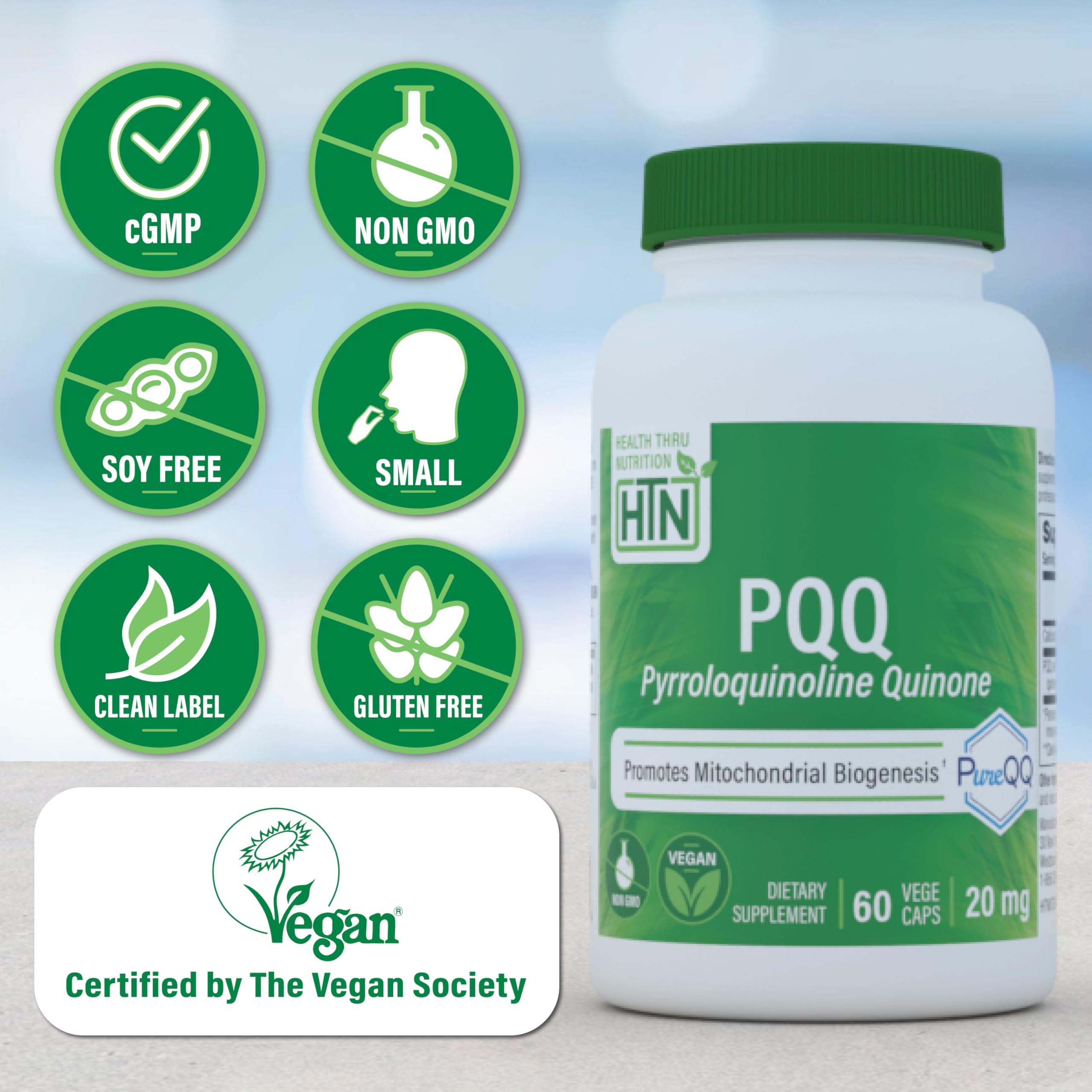 ingrediente PureQQ en polvo representado junto a fruta, Health Thru Nutrition destacando pureza
