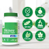 Health Thru Nutrition Skineu en rutina de belleza junto a cremas y agua, complemento interno