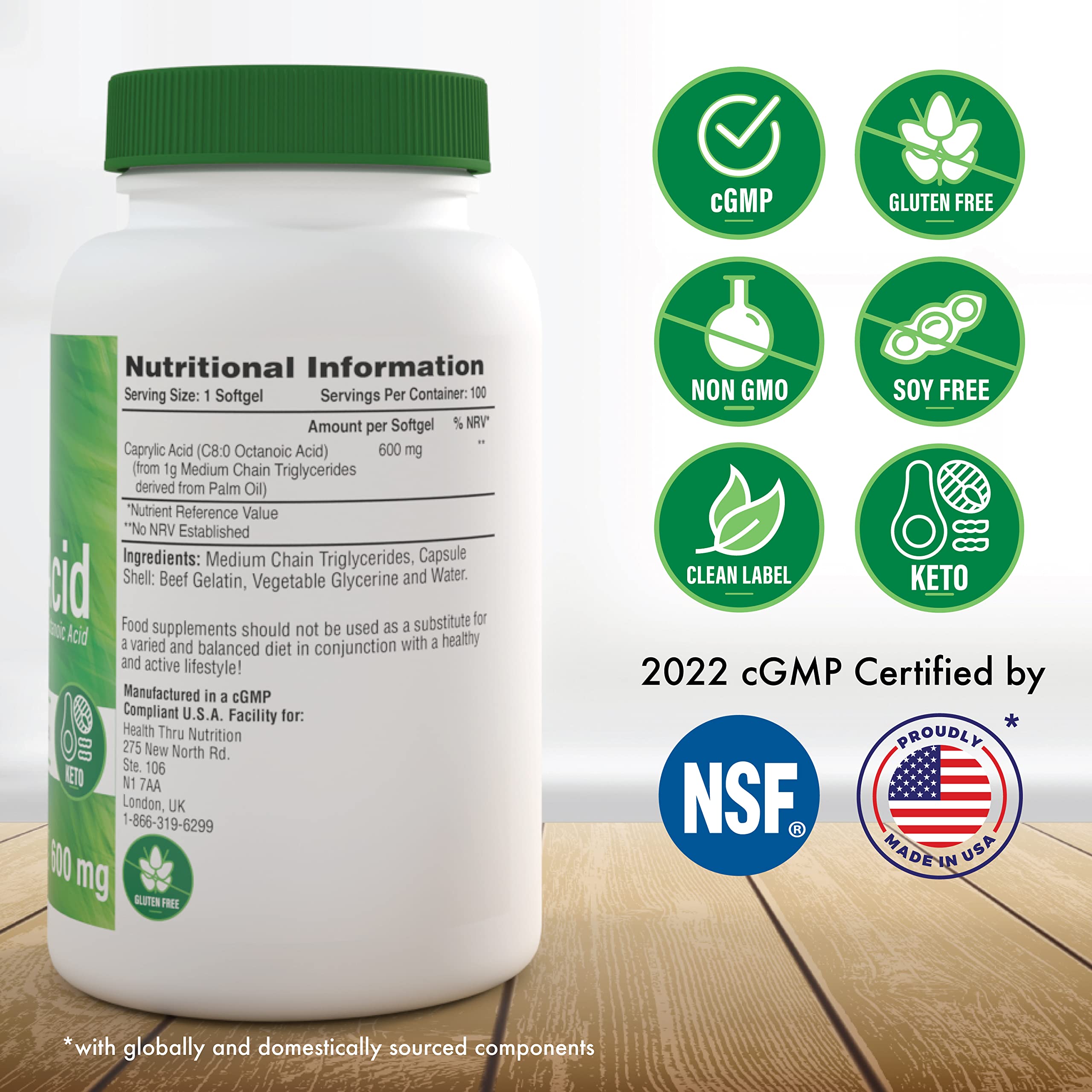 Health Thru Nutrition primer plano de softgel que resalta textura y pureza