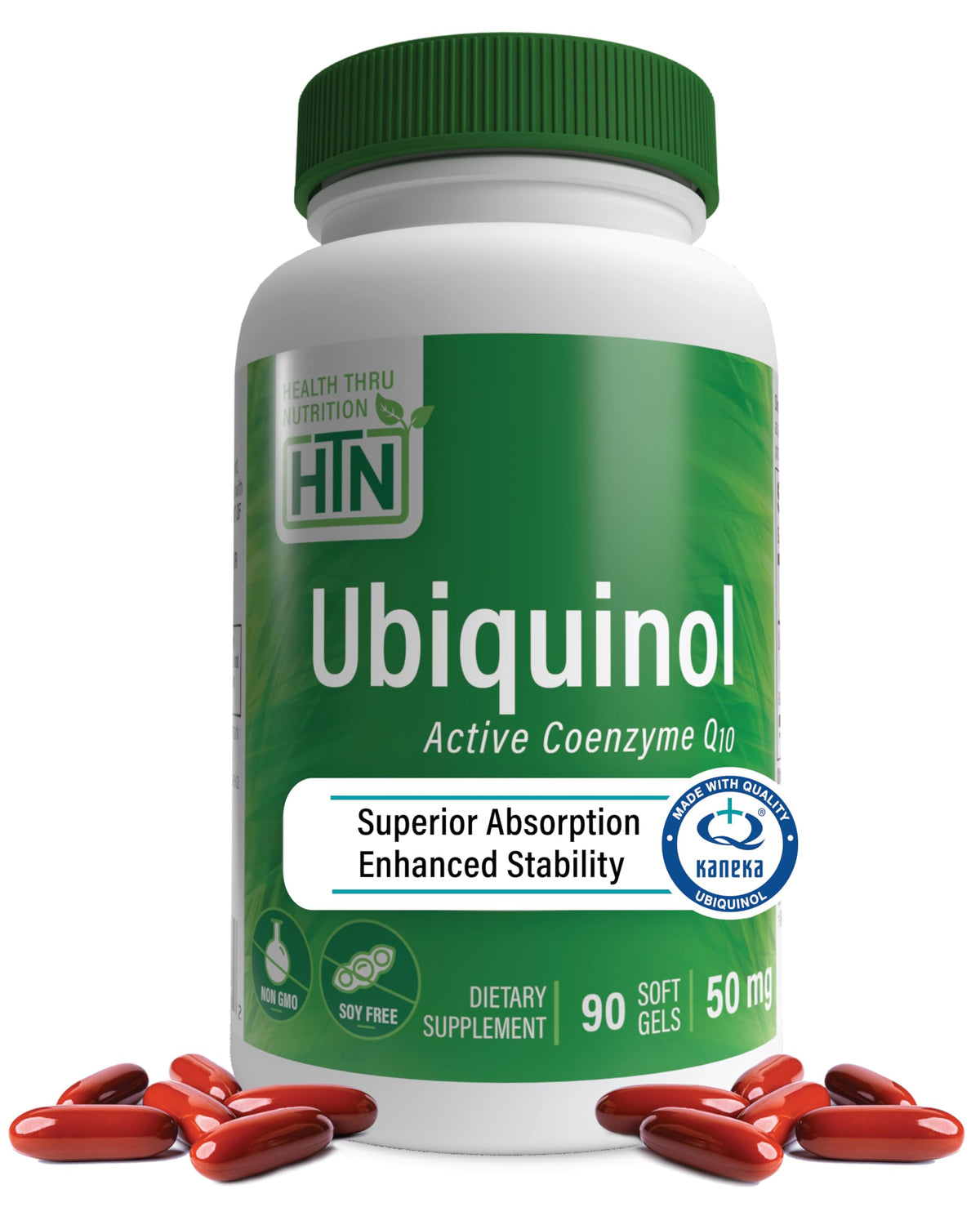 Health Thru Nutrition frasco frontal con Kaneka Ubiquinol, confianza y pureza