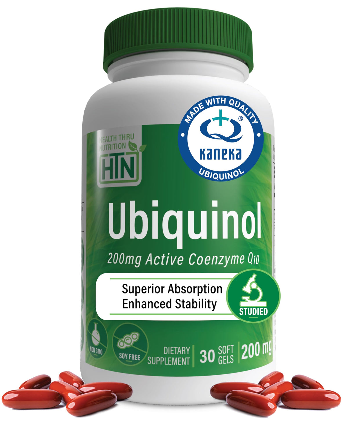 Health Thru Nutrition frente del envase mostrando dosis y softgels, confianza y calidad