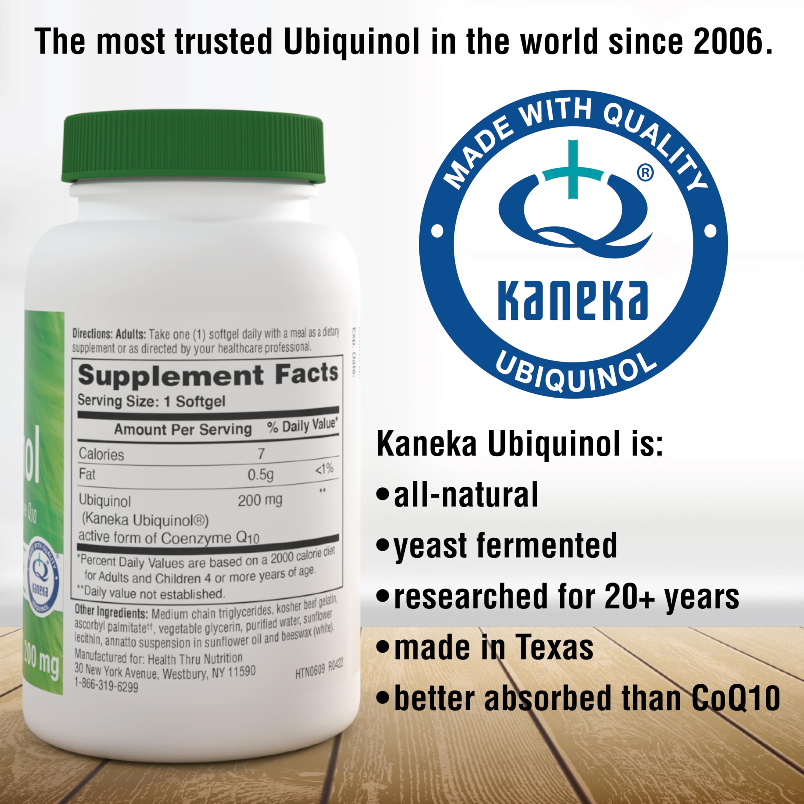 Health Thru Nutrition etiqueta destacando Kaneka QH y pruebas por terceros